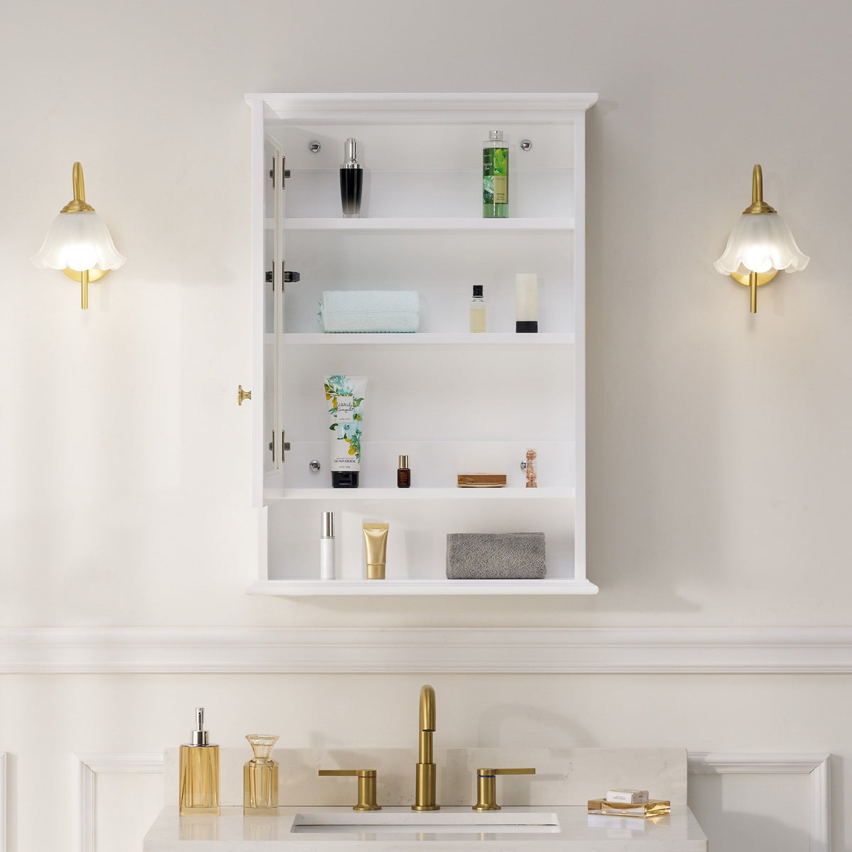 WELLFOR GRACE Solid Wood 24-in x 34-in Surface Mount White Mirrored Soft Close Medicine Cabinet