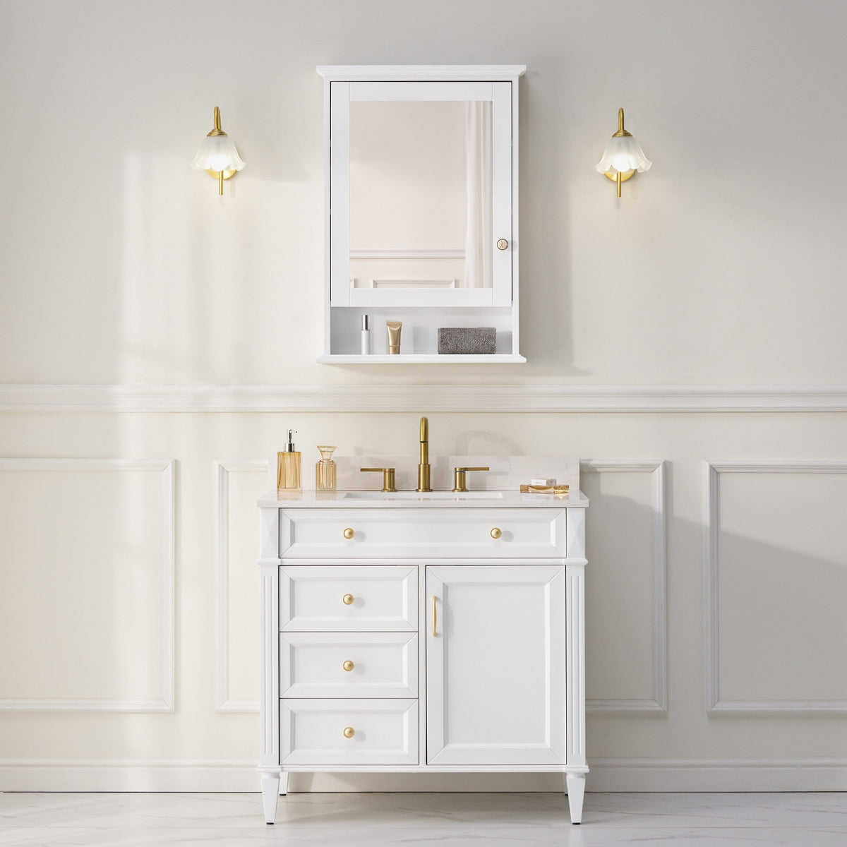 WELLFOR GRACE Solid Wood 24-in x 34-in Surface Mount White Mirrored Soft Close Medicine Cabinet