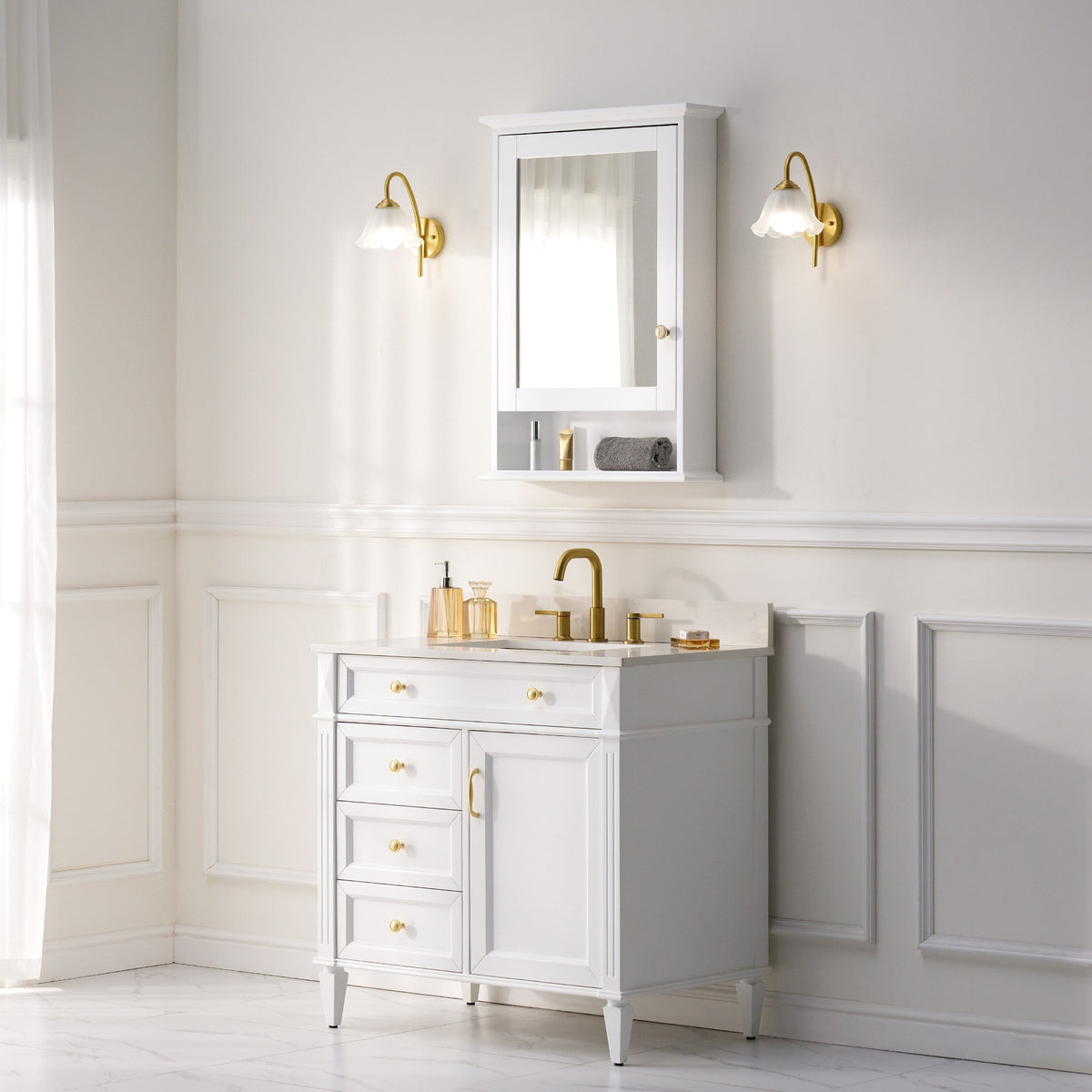 WELLFOR GRACE Solid Wood 24-in x 34-in Surface Mount White Mirrored Soft Close Medicine Cabinet