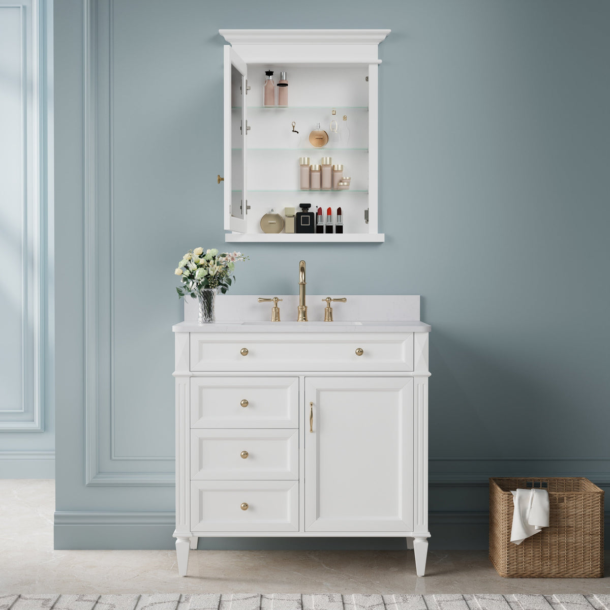 WELLFOR GRACE Solid Wood 26-in x 32-in Recessed Mount White Mirrored Soft Close Medicine Cabinet
