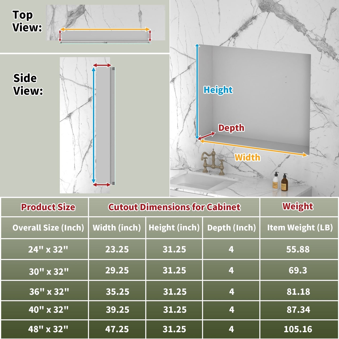 ExBrite Vilara 36-in x 32-in Lighted LED Fog Free Surface/Recessed Mount Silver Mirrored Soft Close Medicine Cabinet with Outlet