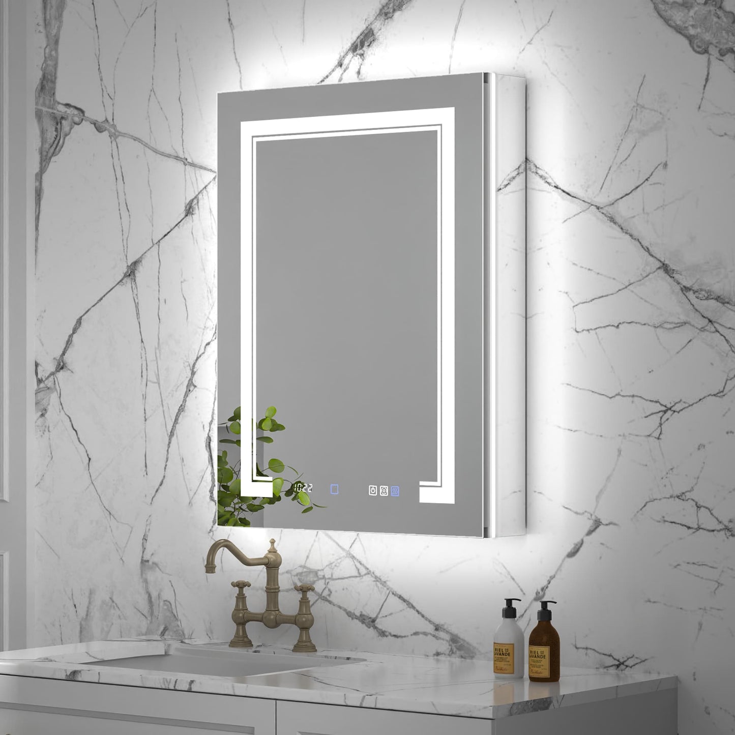 ExBrite Vilara 24-in x 32-in Lighted LED Fog Free Surface/Recessed Mount Silver Mirrored Soft Close Medicine Cabinet with Outlet