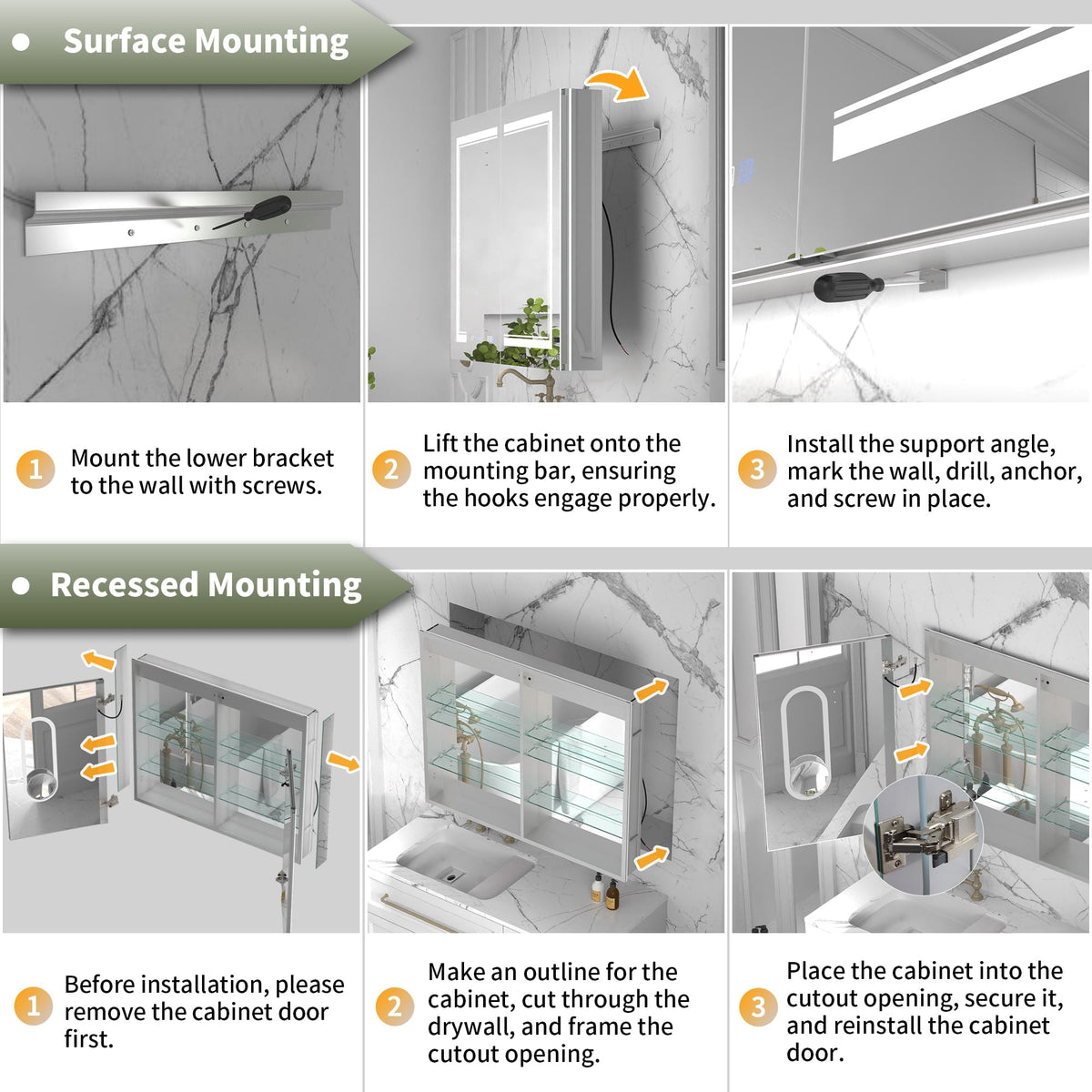 ExBrite Vilara 40-in x 32-in Lighted LED Fog Free Surface/Recessed Mount Silver Mirrored Soft Close Medicine Cabinet with Outlet