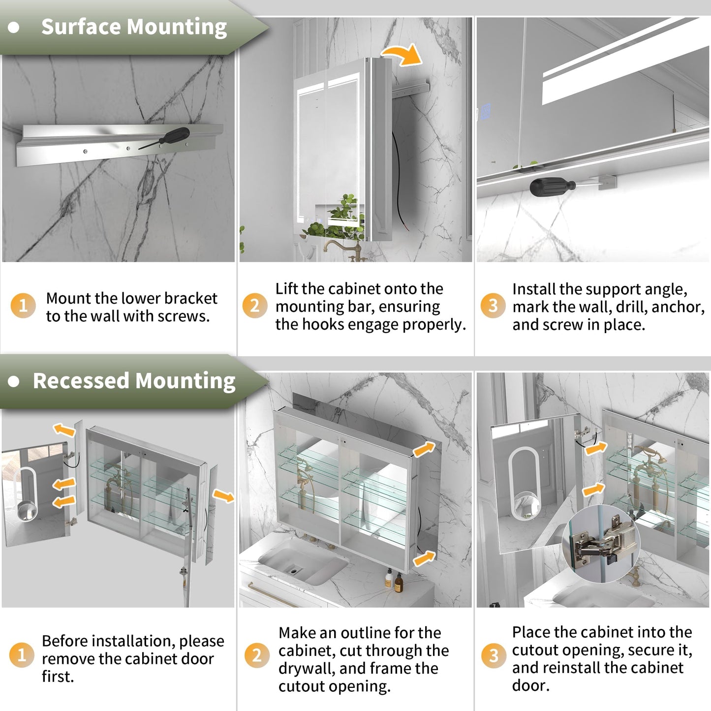 ExBrite Vilara 24-in x 32-in Lighted LED Fog Free Surface/Recessed Mount Silver Mirrored Soft Close Medicine Cabinet with Outlet