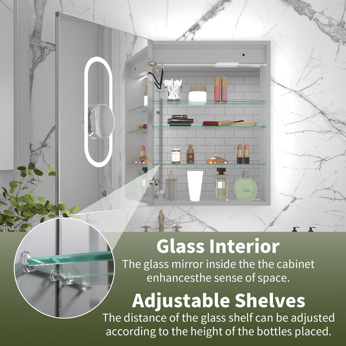 ExBrite Vilara 24-in x 32-in Lighted LED Fog Free Surface/Recessed Mount Silver Mirrored Soft Close Medicine Cabinet with Outlet