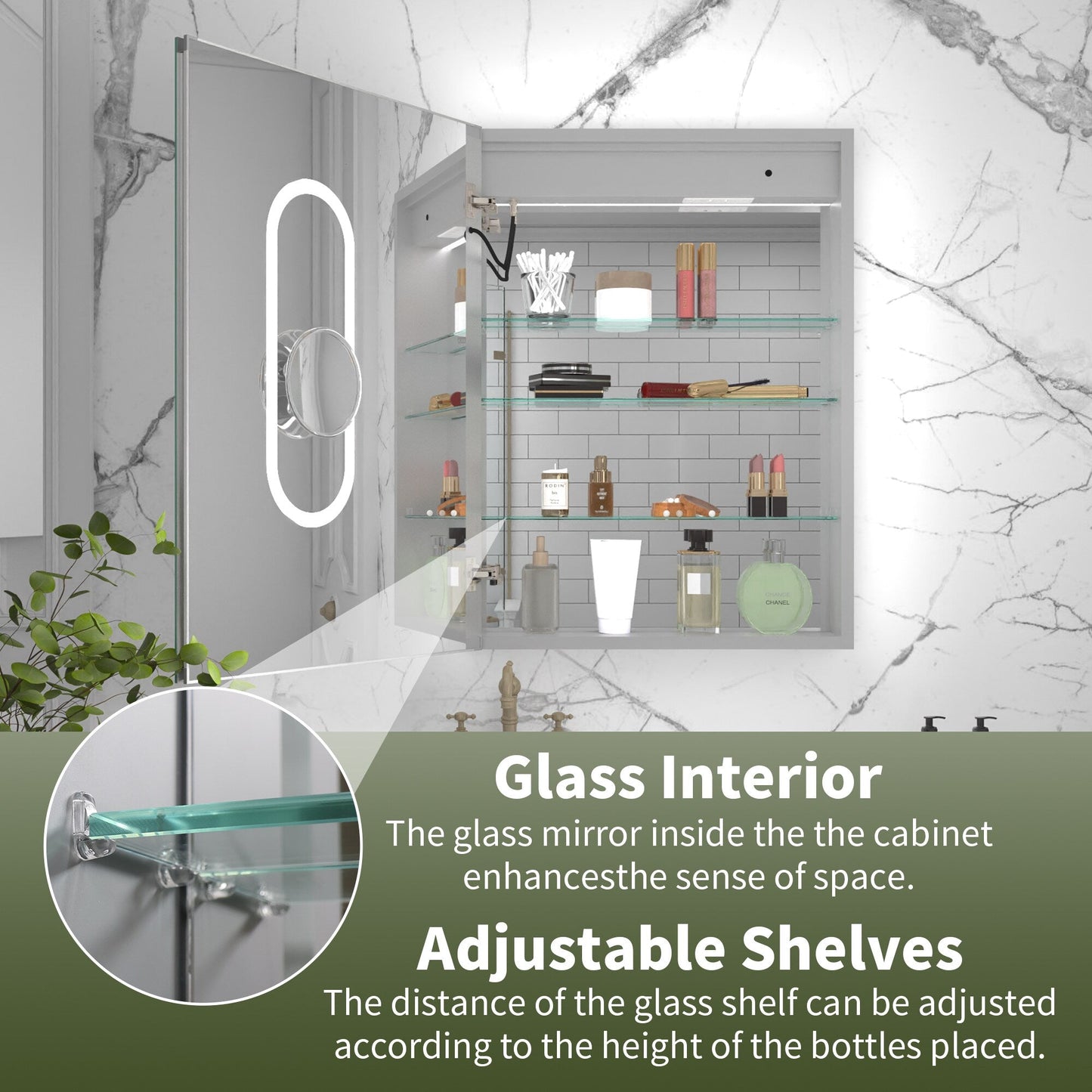 ExBrite Vilara 24-in x 32-in Lighted LED Fog Free Surface/Recessed Mount Silver Mirrored Soft Close Medicine Cabinet with Outlet
