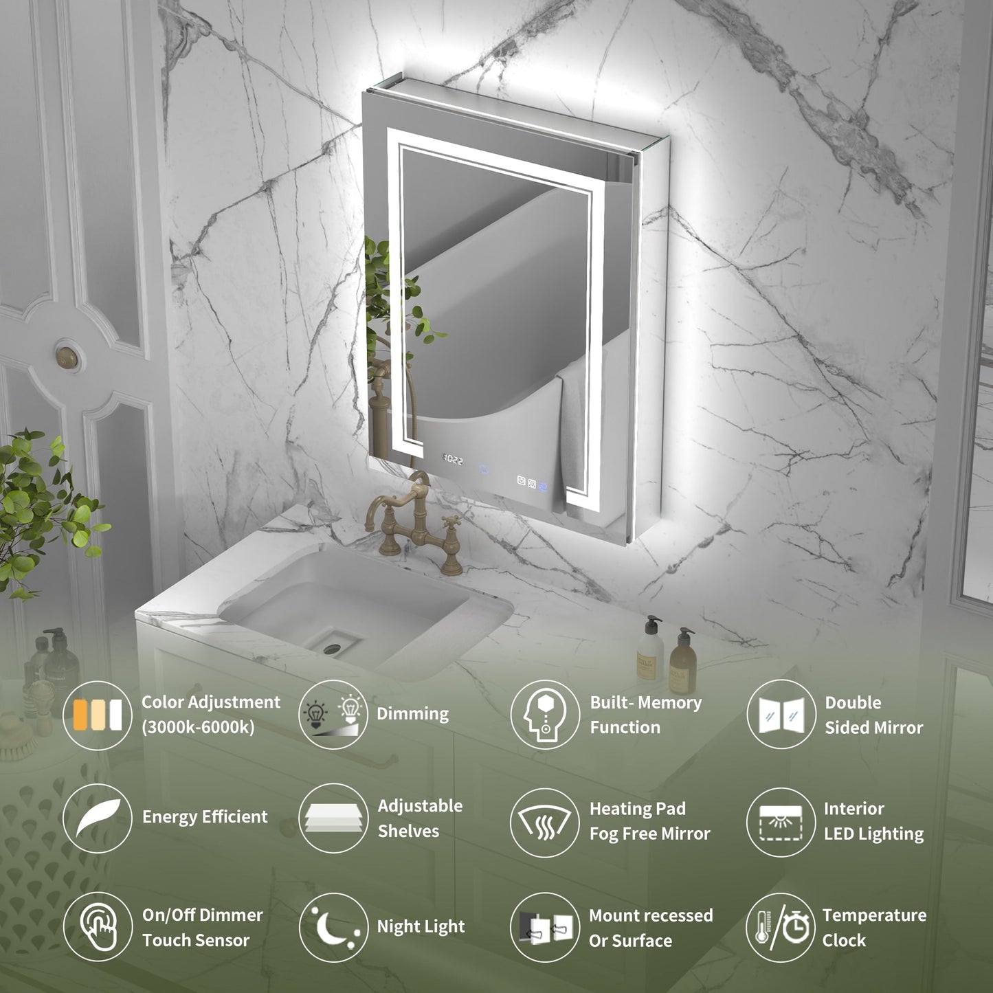 ExBrite Vilara 24-in x 32-in Lighted LED Fog Free Surface/Recessed Mount Silver Mirrored Soft Close Medicine Cabinet with Outlet