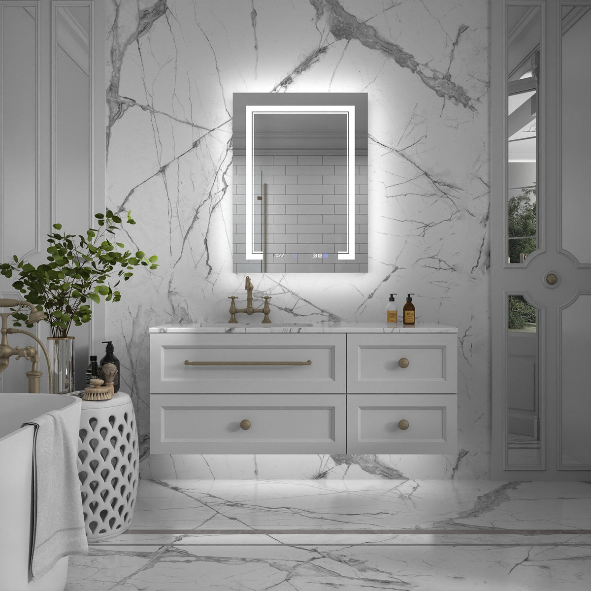 ExBrite Vilara 24-in x 32-in Lighted LED Fog Free Surface/Recessed Mount Silver Mirrored Soft Close Medicine Cabinet with Outlet