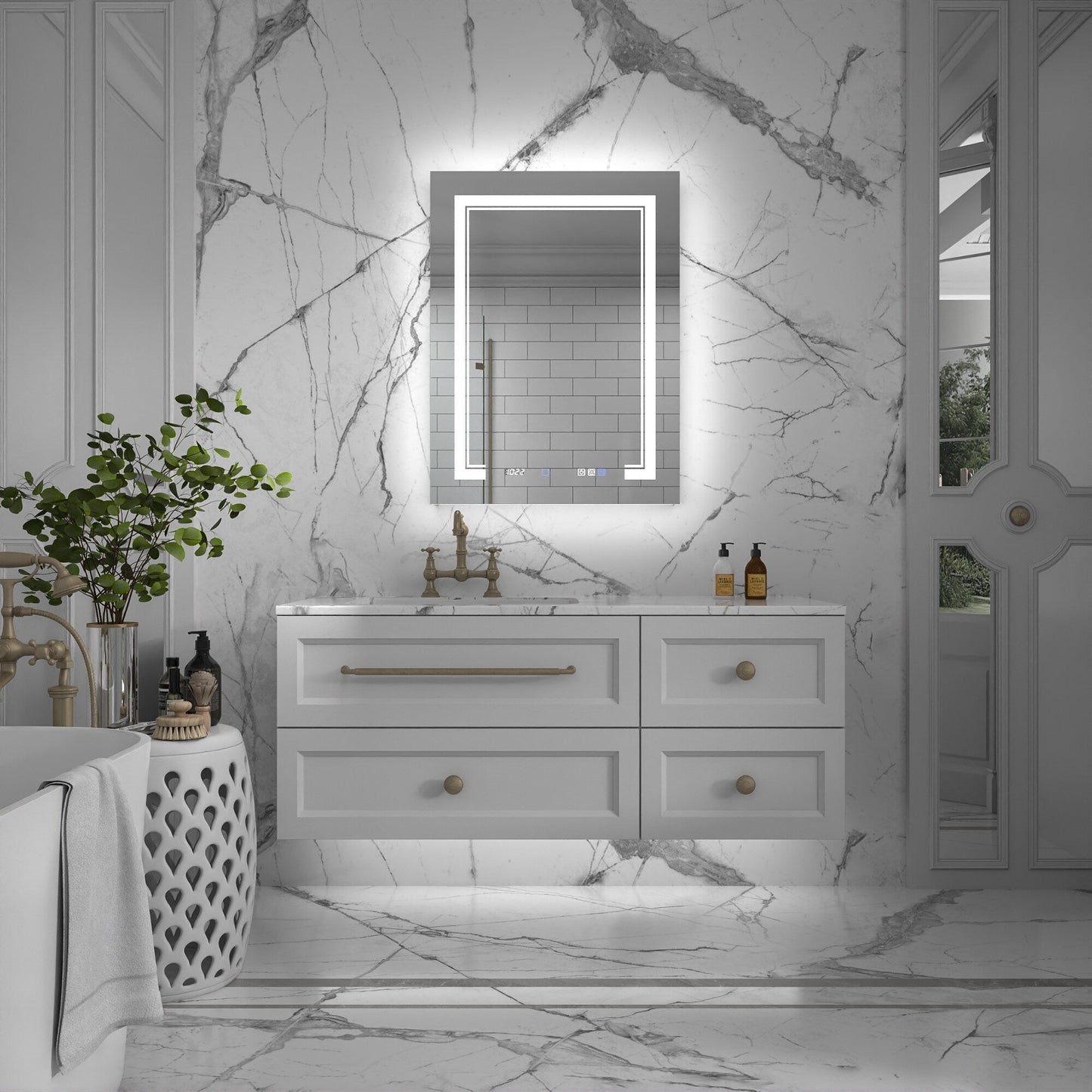 ExBrite Vilara 24-in x 32-in Lighted LED Fog Free Surface/Recessed Mount Silver Mirrored Soft Close Medicine Cabinet with Outlet