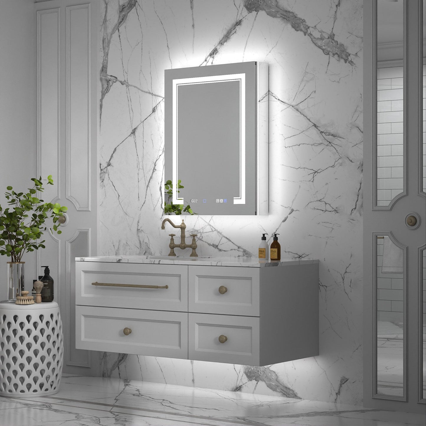 ExBrite Vilara 24-in x 32-in Lighted LED Fog Free Surface/Recessed Mount Silver Mirrored Soft Close Medicine Cabinet with Outlet