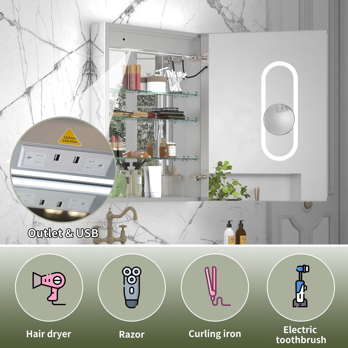 ExBrite Vilara 24-in x 32-in Lighted LED Fog Free Surface/Recessed Mount Silver Mirrored Soft Close Medicine Cabinet with Outlet