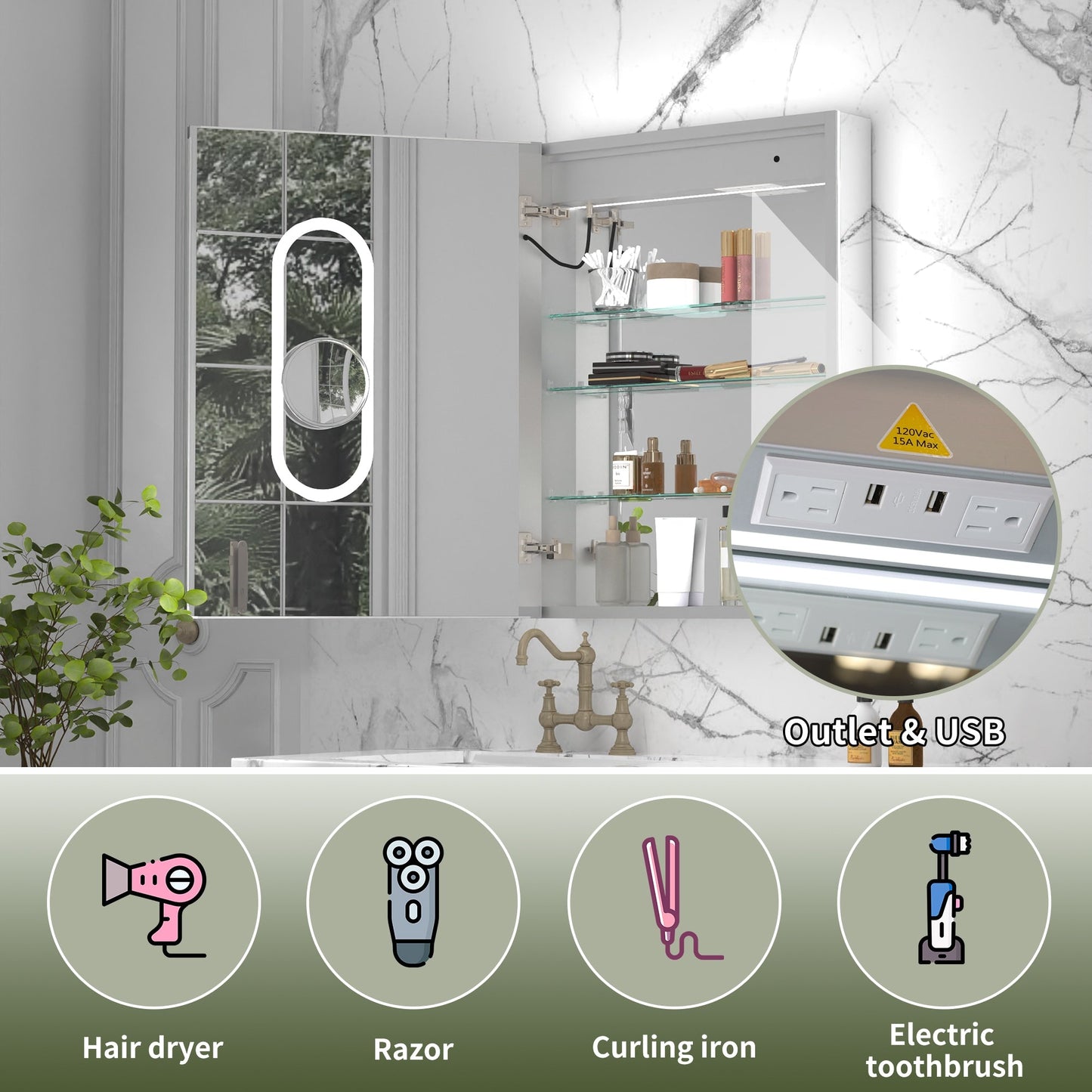 ExBrite Vilara 24-in x 32-in Lighted LED Fog Free Surface/Recessed Mount Silver Mirrored Soft Close Medicine Cabinet with Outlet