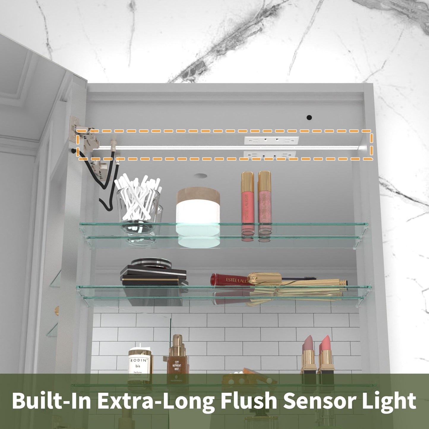ExBrite Vilara 24-in x 32-in Lighted LED Fog Free Surface/Recessed Mount Silver Mirrored Soft Close Medicine Cabinet with Outlet