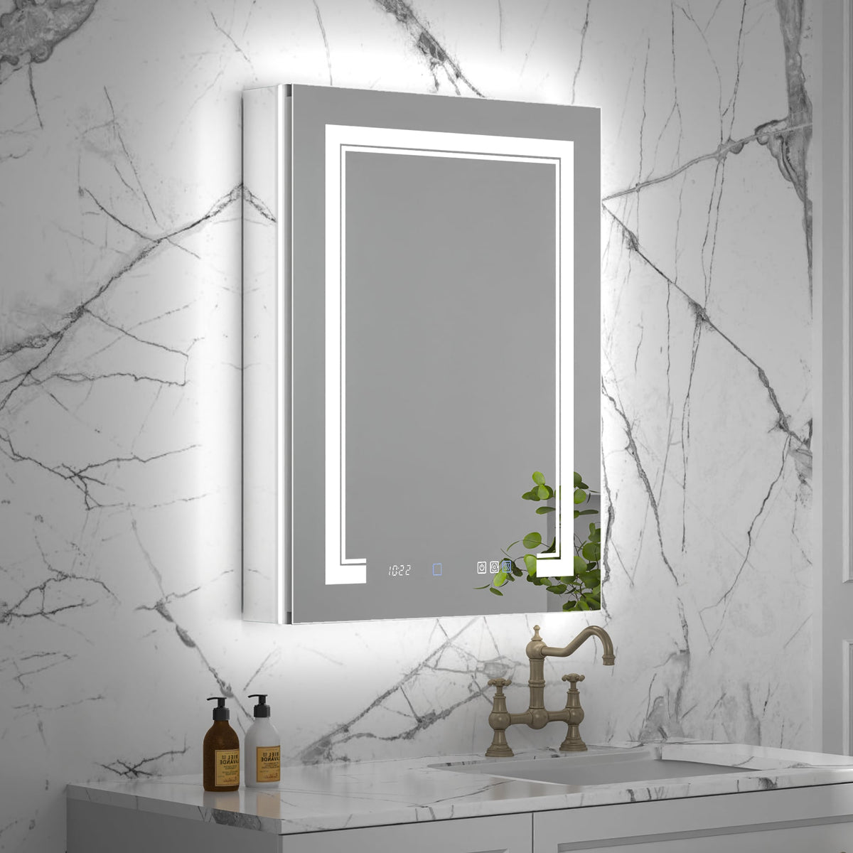 ExBrite Vilara 24-in x 32-in Lighted LED Fog Free Surface/Recessed Mount Silver Mirrored Soft Close Medicine Cabinet with Outlet