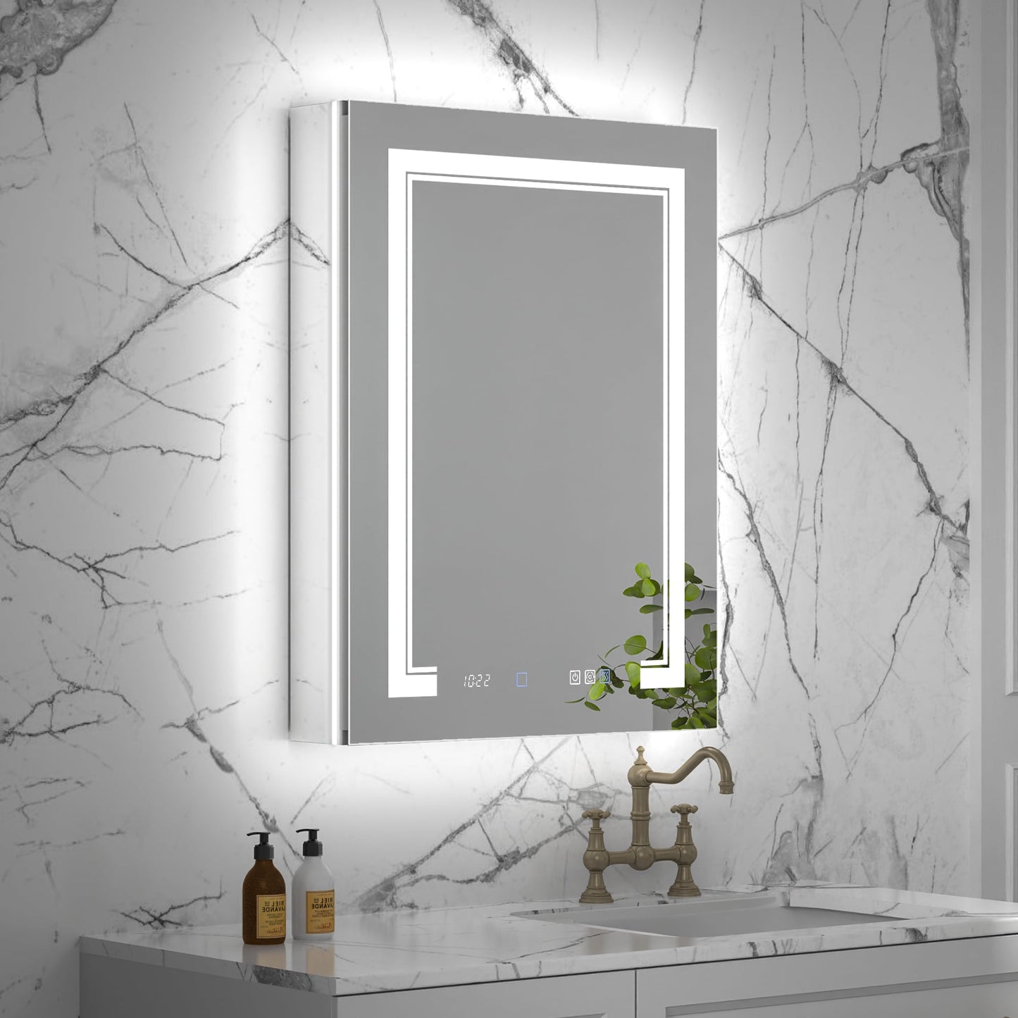 ExBrite Vilara 24-in x 32-in Lighted LED Fog Free Surface/Recessed Mount Silver Mirrored Soft Close Medicine Cabinet with Outlet