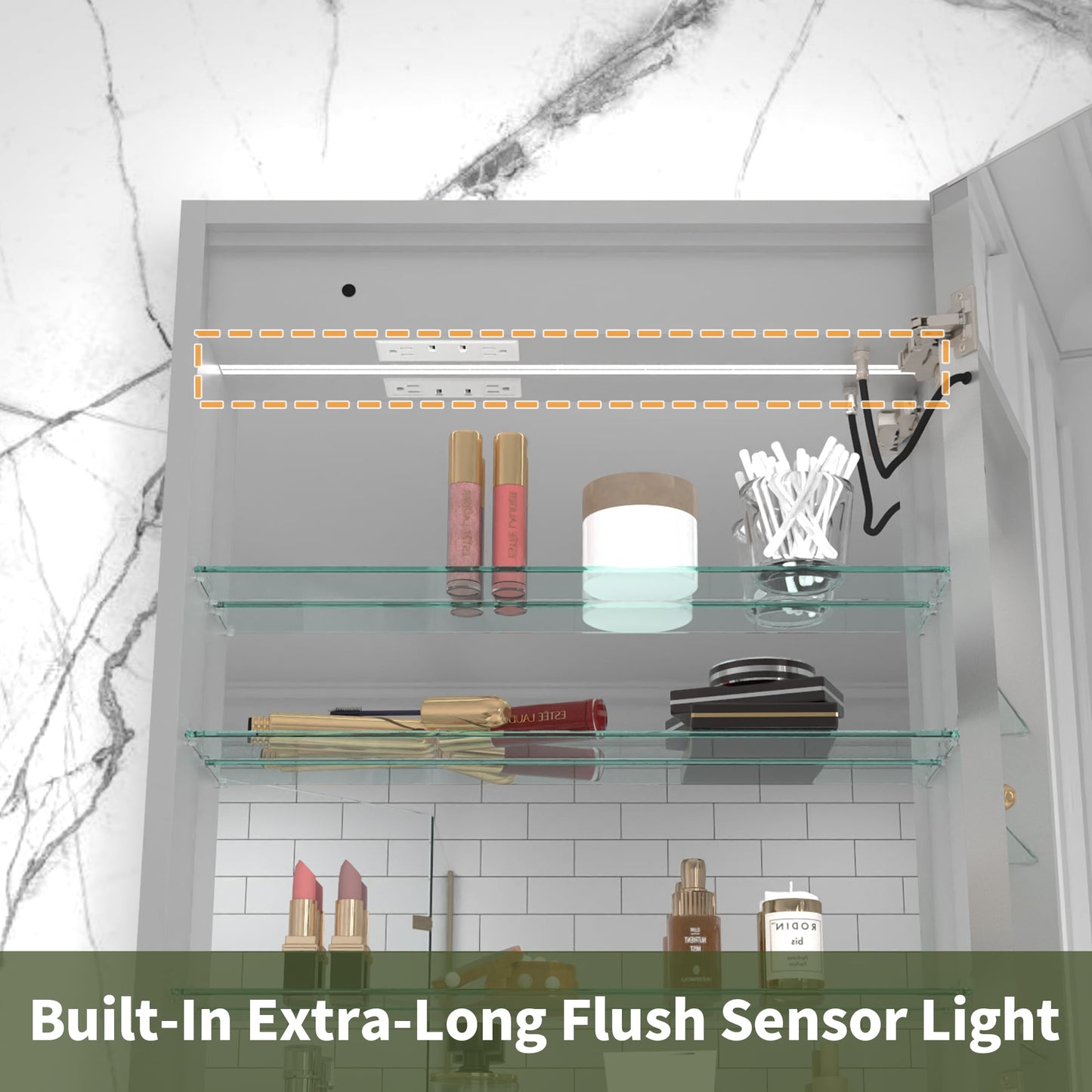 ExBrite Vilara 24-in x 32-in Lighted LED Fog Free Surface/Recessed Mount Silver Mirrored Soft Close Medicine Cabinet with Outlet