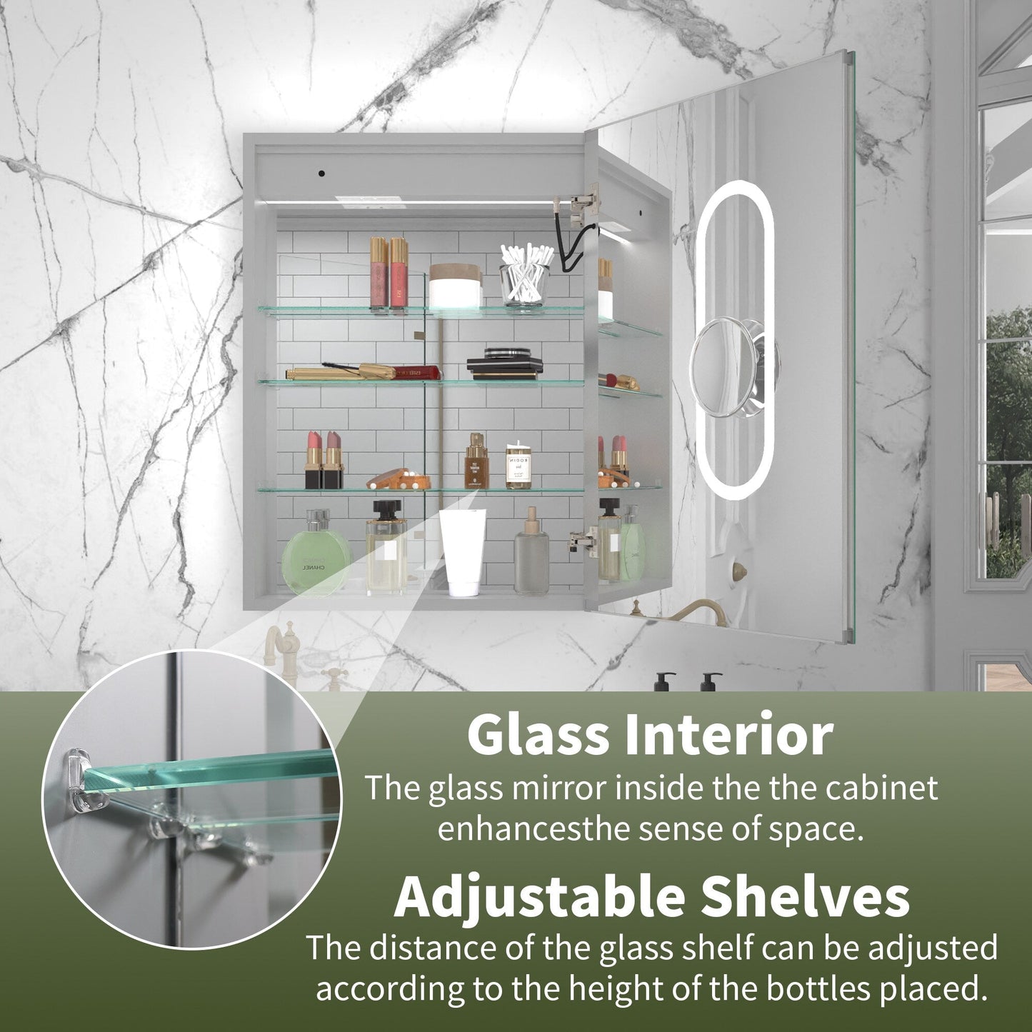 ExBrite Vilara 24-in x 32-in Lighted LED Fog Free Surface/Recessed Mount Silver Mirrored Soft Close Medicine Cabinet with Outlet