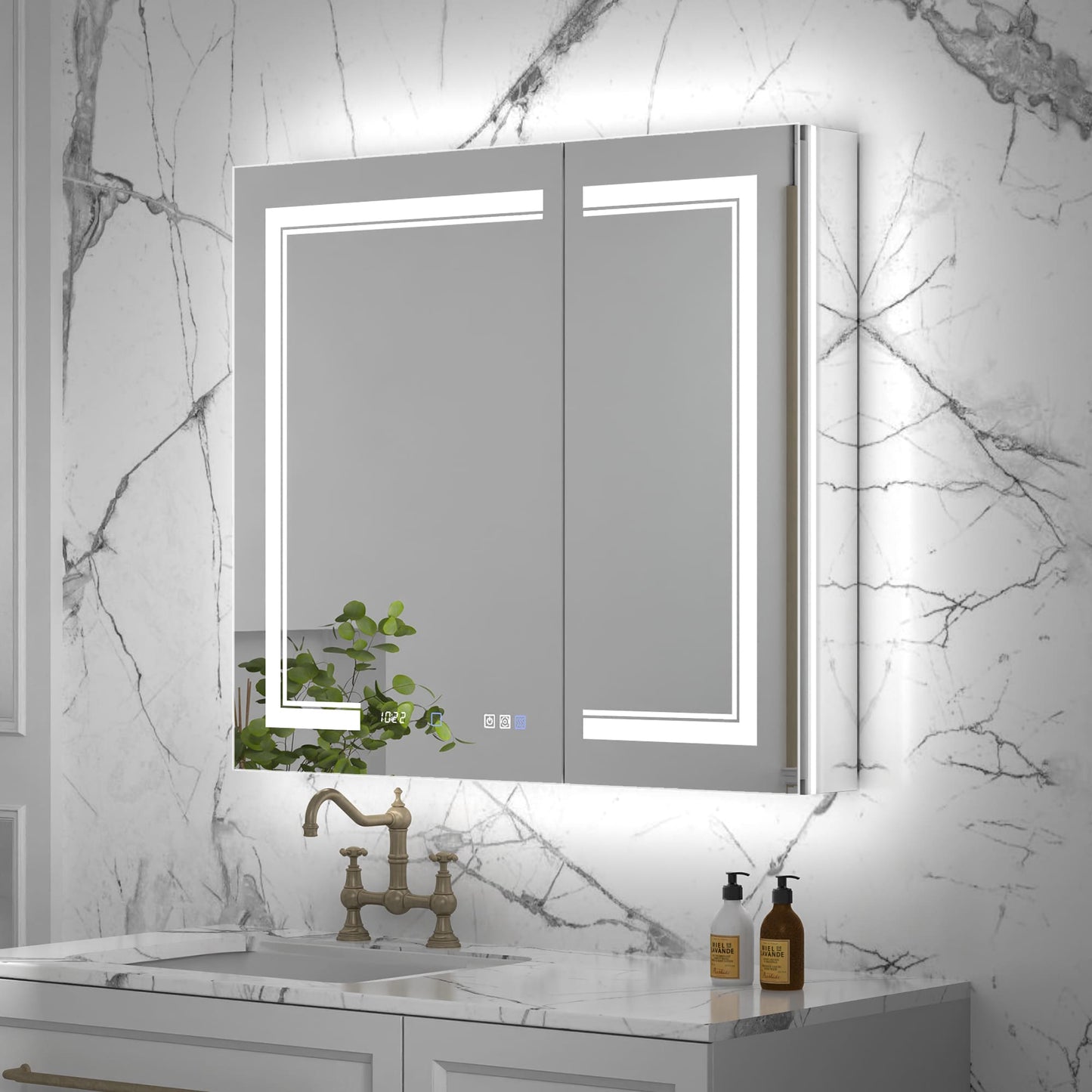 ExBrite Vilara 36-in x 32-in Lighted LED Fog Free Surface/Recessed Mount Silver Mirrored Soft Close Medicine Cabinet with Outlet