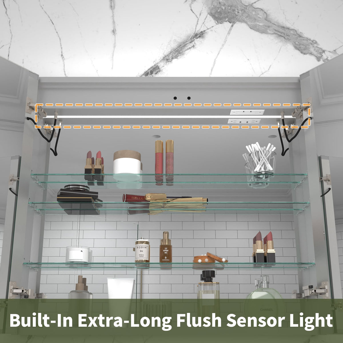 ExBrite Vilara 36-in x 32-in Lighted LED Fog Free Surface/Recessed Mount Silver Mirrored Soft Close Medicine Cabinet with Outlet