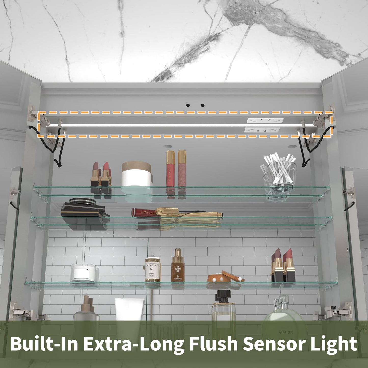 ExBrite Vilara 36-in x 32-in Lighted LED Fog Free Surface/Recessed Mount Silver Mirrored Soft Close Medicine Cabinet with Outlet