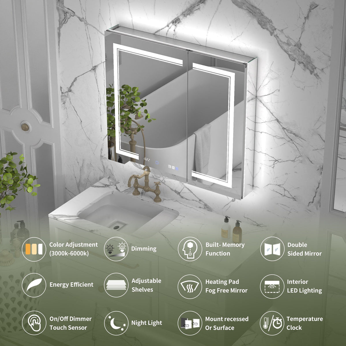 ExBrite Vilara 36-in x 32-in Lighted LED Fog Free Surface/Recessed Mount Silver Mirrored Soft Close Medicine Cabinet with Outlet