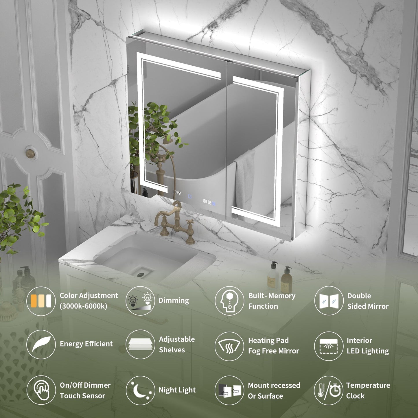 ExBrite Vilara 36-in x 32-in Lighted LED Fog Free Surface/Recessed Mount Silver Mirrored Soft Close Medicine Cabinet with Outlet