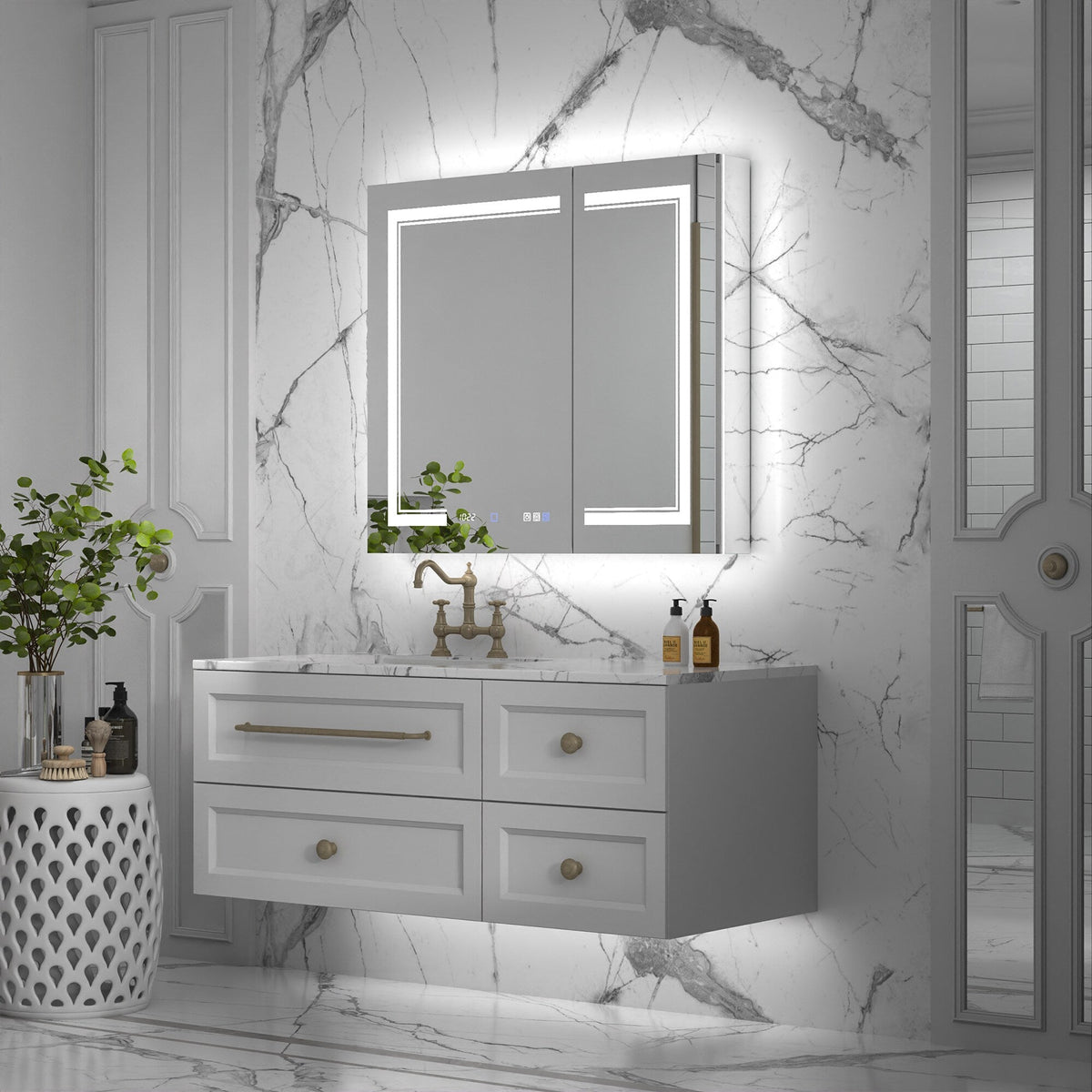 ExBrite Vilara 36-in x 32-in Lighted LED Fog Free Surface/Recessed Mount Silver Mirrored Soft Close Medicine Cabinet with Outlet