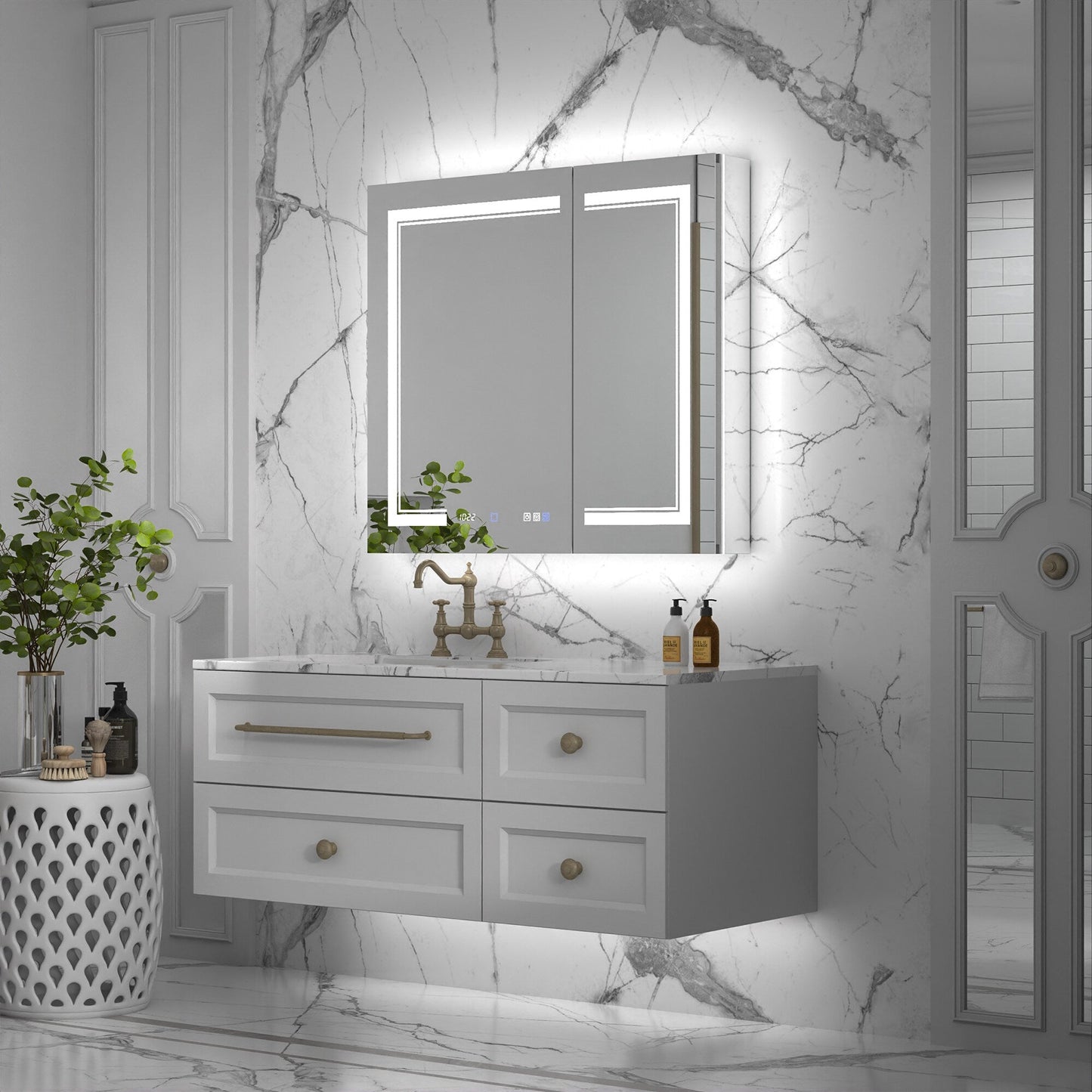 ExBrite Vilara 36-in x 32-in Lighted LED Fog Free Surface/Recessed Mount Silver Mirrored Soft Close Medicine Cabinet with Outlet