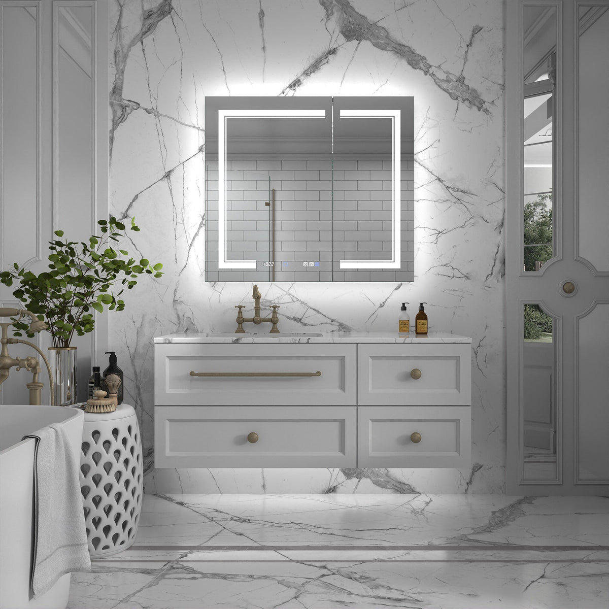 ExBrite Vilara 36-in x 32-in Lighted LED Fog Free Surface/Recessed Mount Silver Mirrored Soft Close Medicine Cabinet with Outlet
