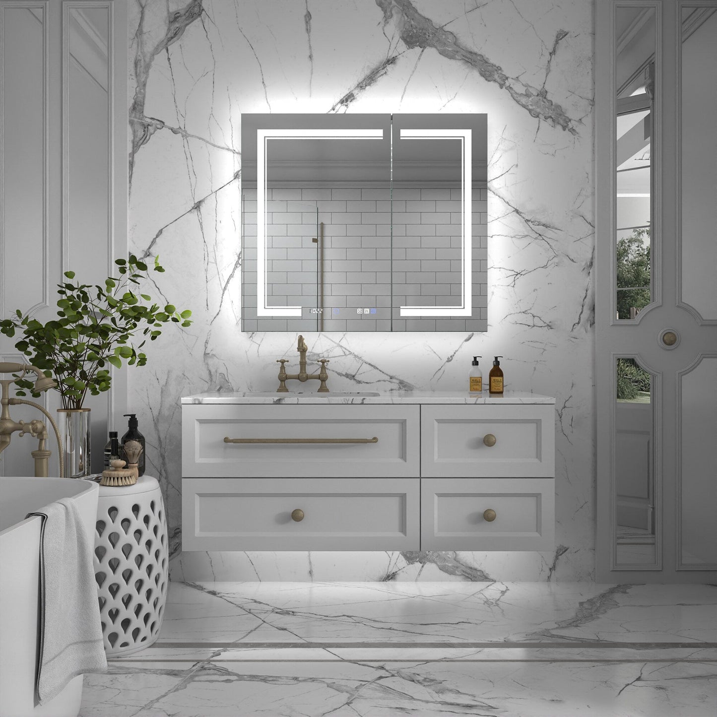 ExBrite Vilara 36-in x 32-in Lighted LED Fog Free Surface/Recessed Mount Silver Mirrored Soft Close Medicine Cabinet with Outlet