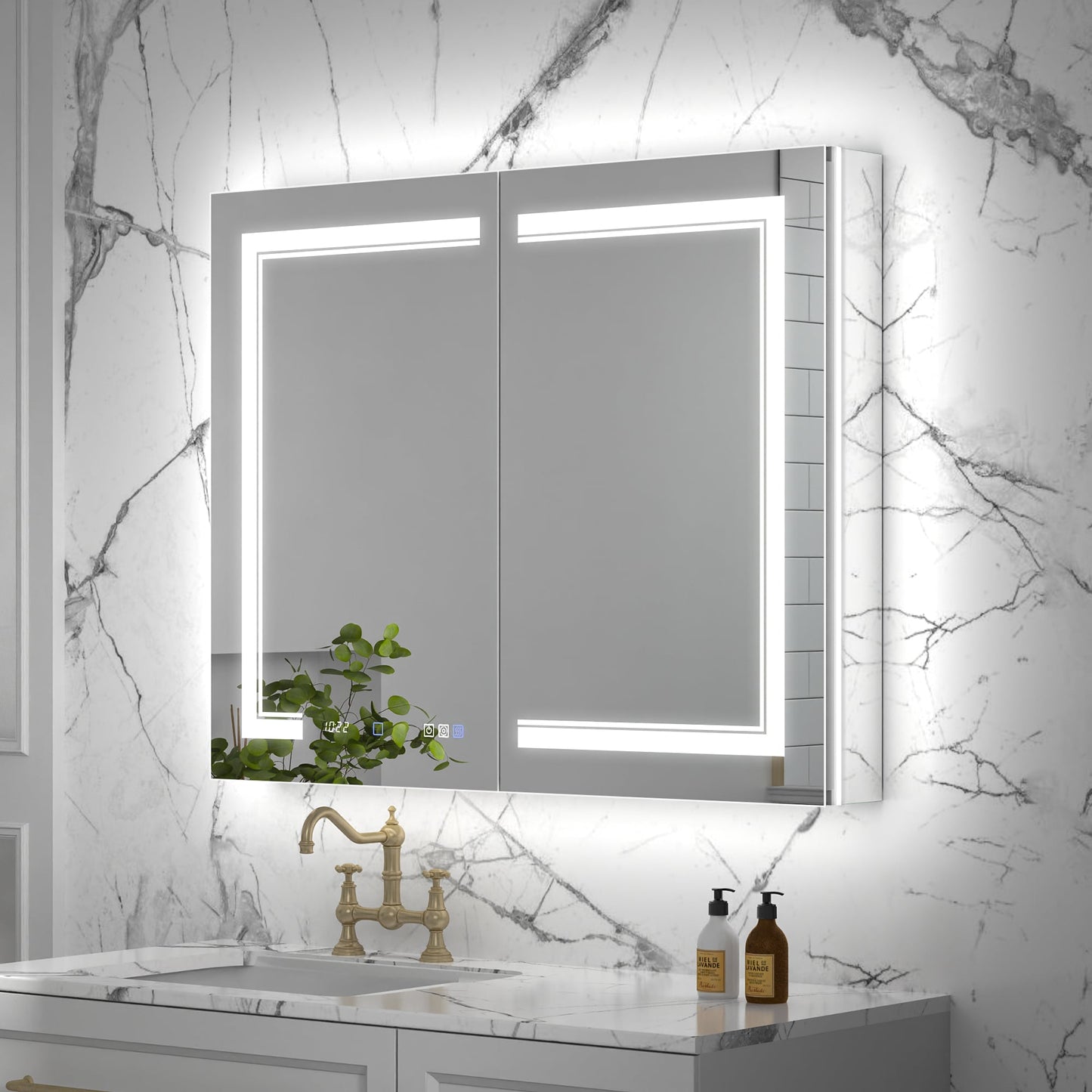ExBrite Vilara 40-in x 32-in Lighted LED Fog Free Surface/Recessed Mount Silver Mirrored Soft Close Medicine Cabinet with Outlet