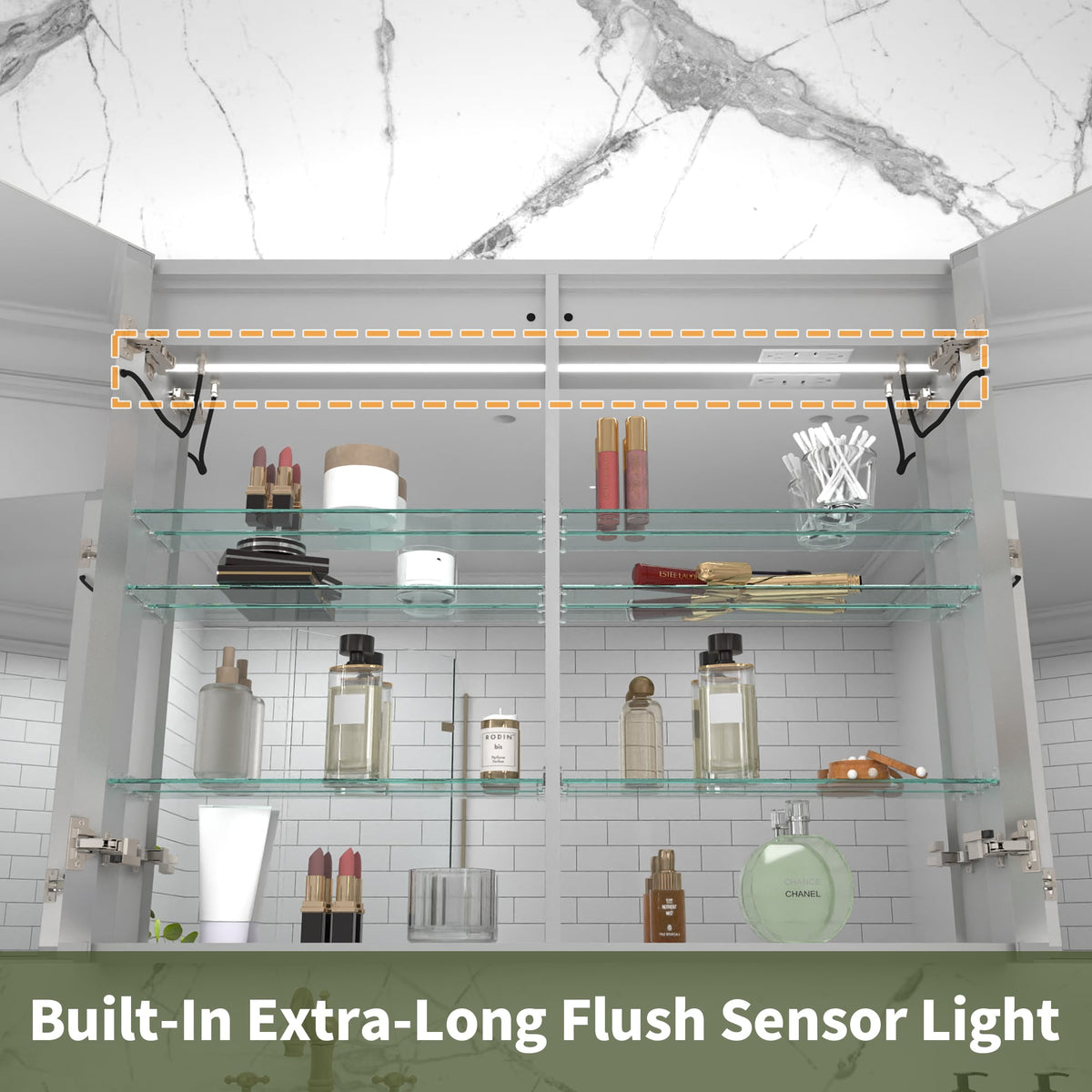 ExBrite Vilara 40-in x 32-in Lighted LED Fog Free Surface/Recessed Mount Silver Mirrored Soft Close Medicine Cabinet with Outlet