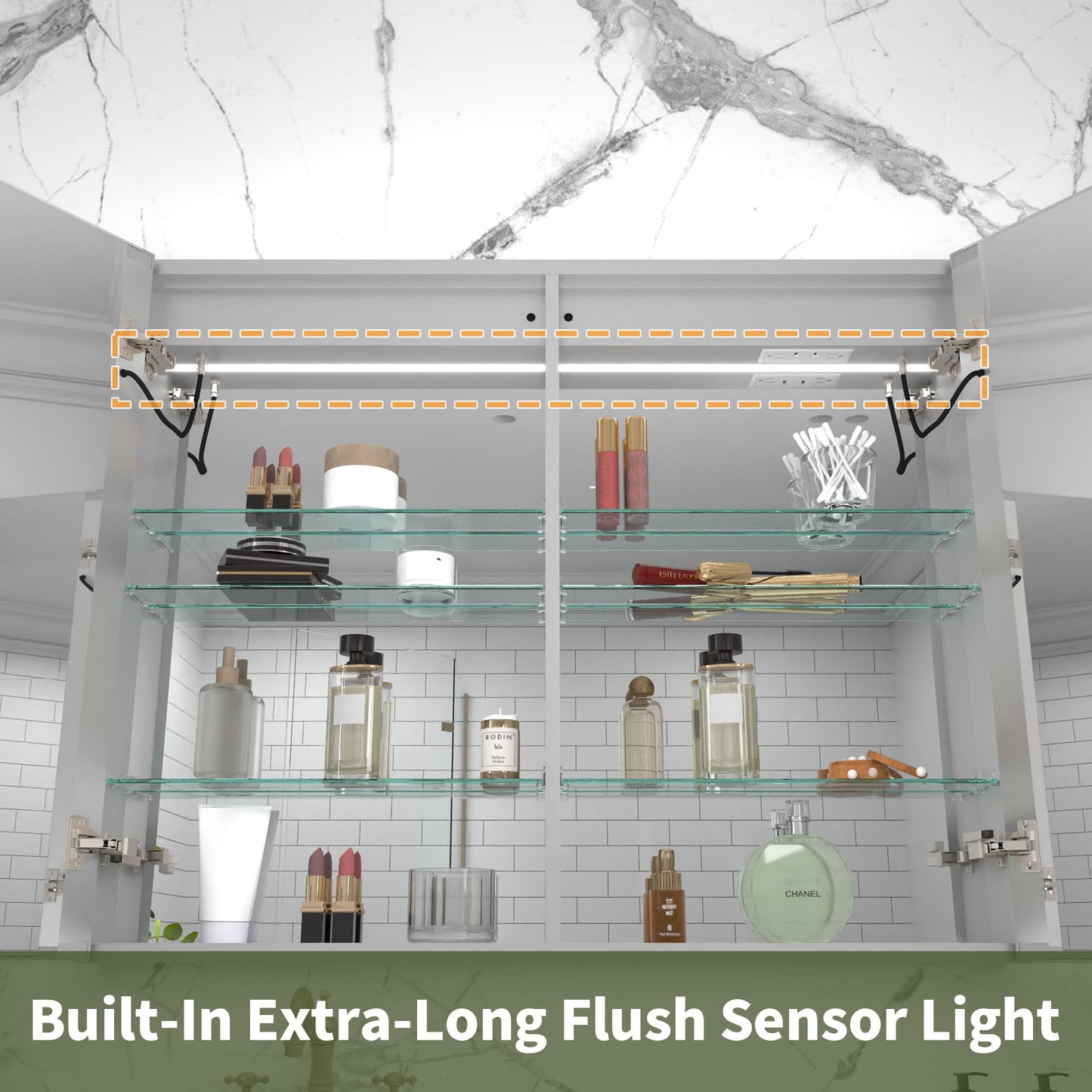 ExBrite Vilara 40-in x 32-in Lighted LED Fog Free Surface/Recessed Mount Silver Mirrored Soft Close Medicine Cabinet with Outlet