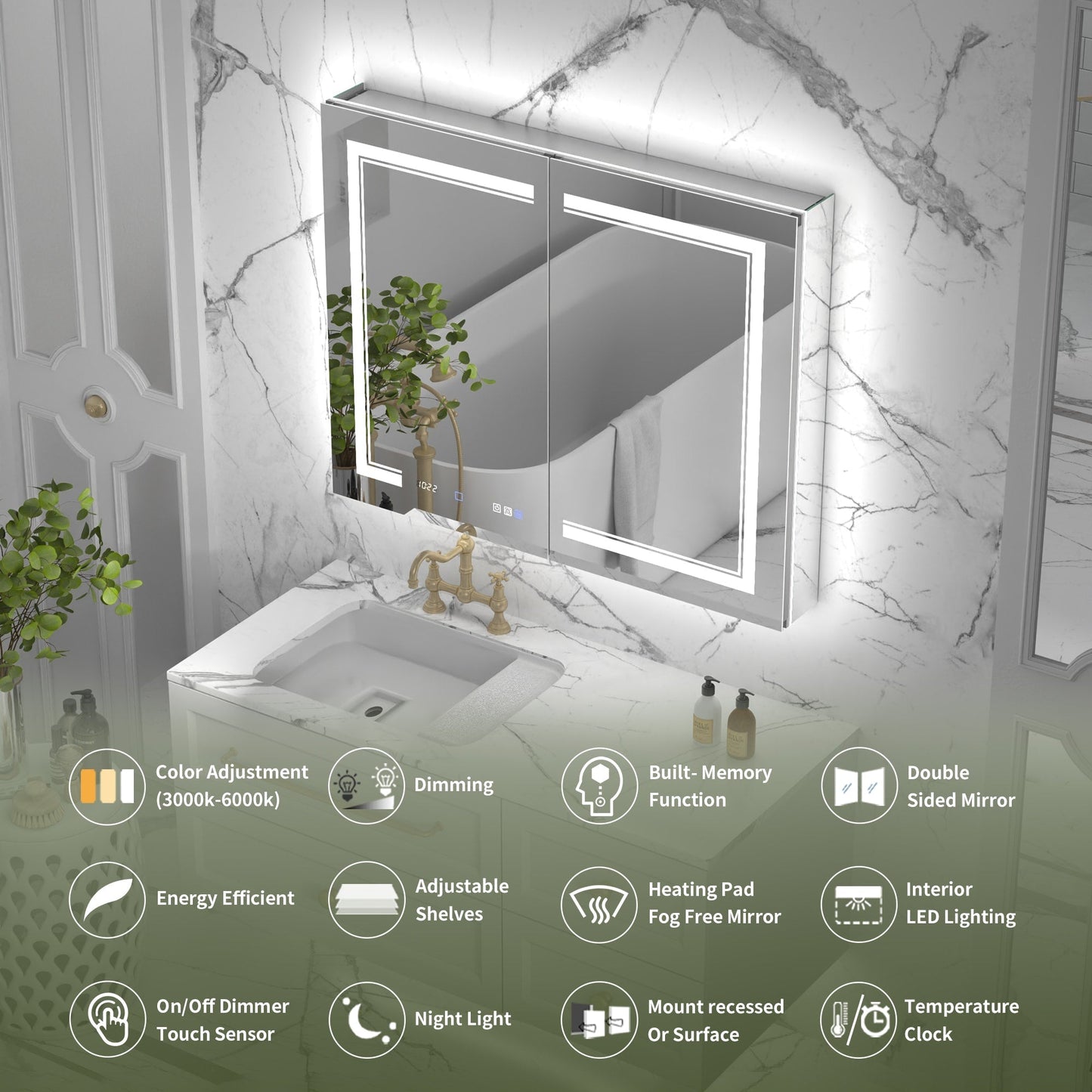 ExBrite Vilara 40-in x 32-in Lighted LED Fog Free Surface/Recessed Mount Silver Mirrored Soft Close Medicine Cabinet with Outlet