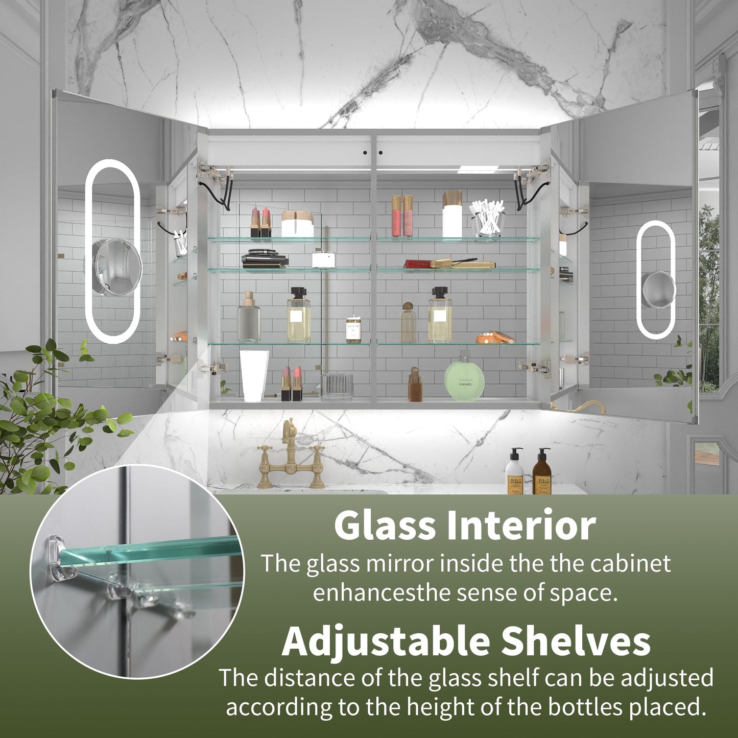 ExBrite Vilara 40-in x 32-in Lighted LED Fog Free Surface/Recessed Mount Silver Mirrored Soft Close Medicine Cabinet with Outlet