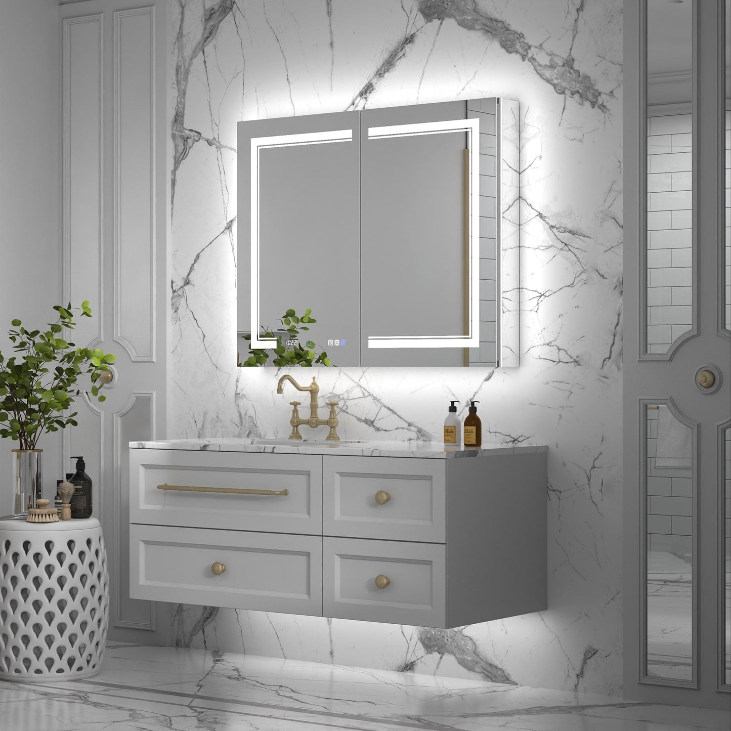 ExBrite Vilara 40-in x 32-in Lighted LED Fog Free Surface/Recessed Mount Silver Mirrored Soft Close Medicine Cabinet with Outlet