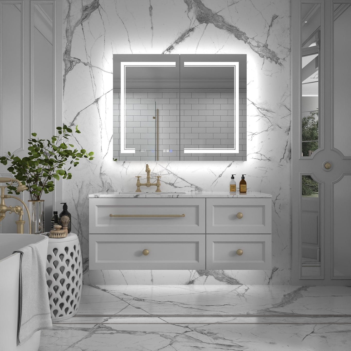 ExBrite Vilara 40-in x 32-in Lighted LED Fog Free Surface/Recessed Mount Silver Mirrored Soft Close Medicine Cabinet with Outlet