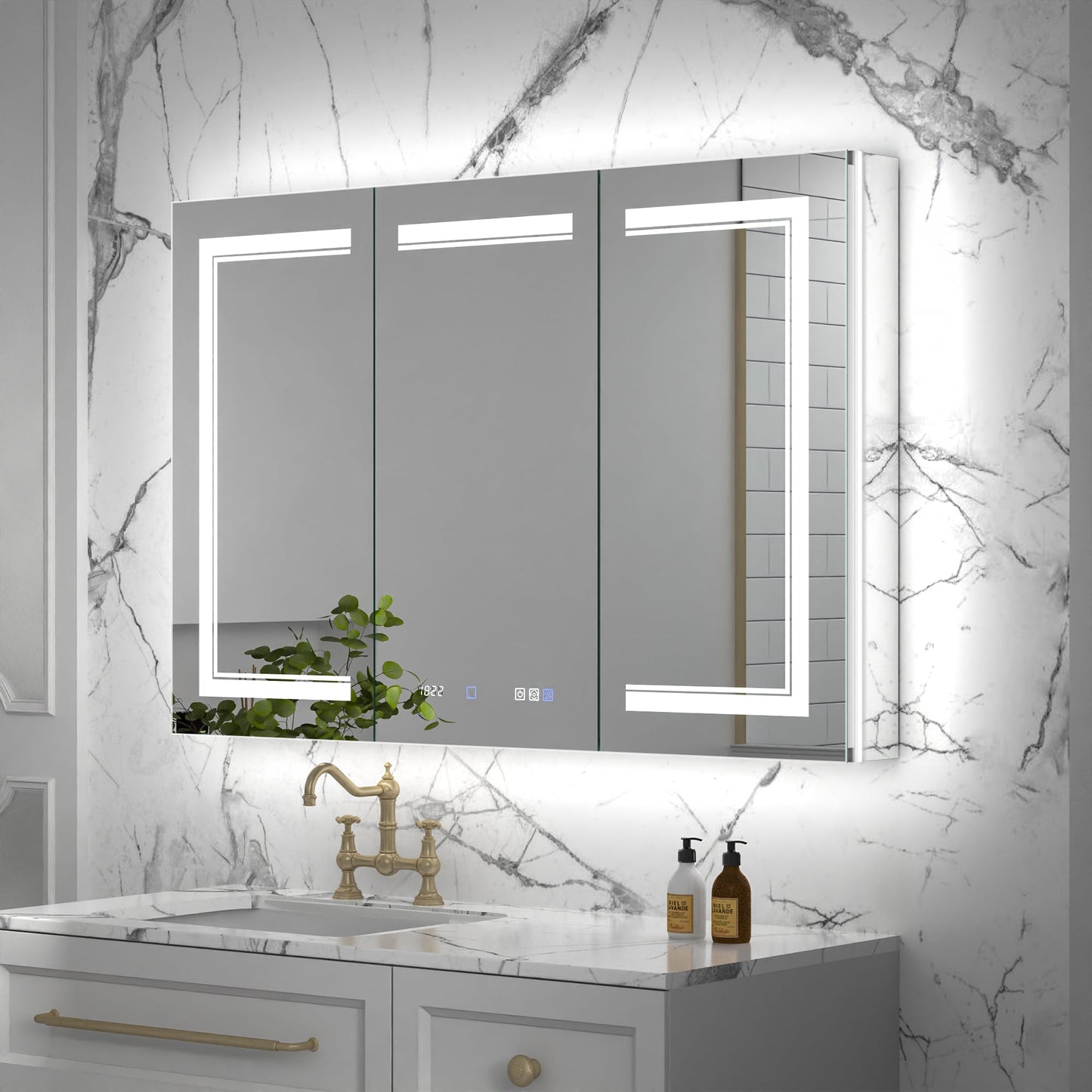 ExBrite Vilara 48-in x 32-in Lighted LED Fog Free Surface/Recessed Mount Silver Mirrored Soft Close Medicine Cabinet with Outlet