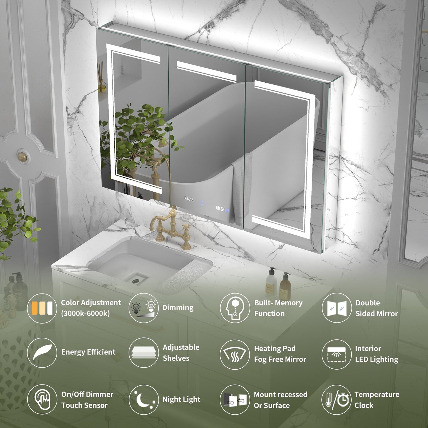 ExBrite Vilara 48-in x 32-in Lighted LED Fog Free Surface/Recessed Mount Silver Mirrored Soft Close Medicine Cabinet with Outlet