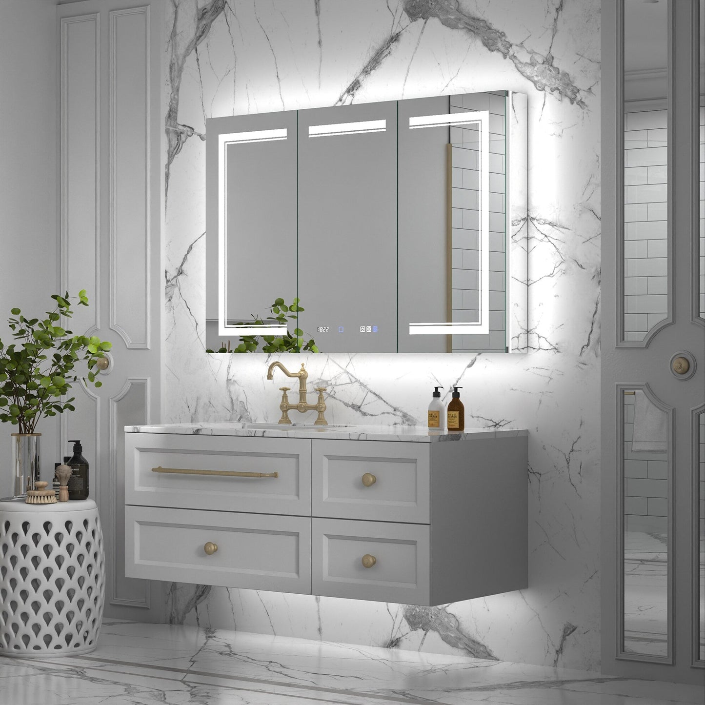 ExBrite Vilara 48-in x 32-in Lighted LED Fog Free Surface/Recessed Mount Silver Mirrored Soft Close Medicine Cabinet with Outlet