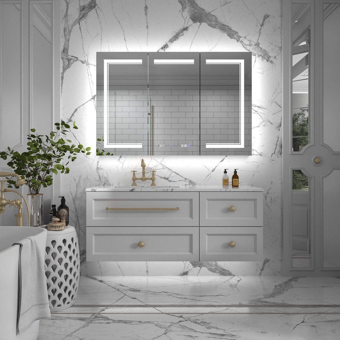 ExBrite Vilara 48-in x 32-in Lighted LED Fog Free Surface/Recessed Mount Silver Mirrored Soft Close Medicine Cabinet with Outlet
