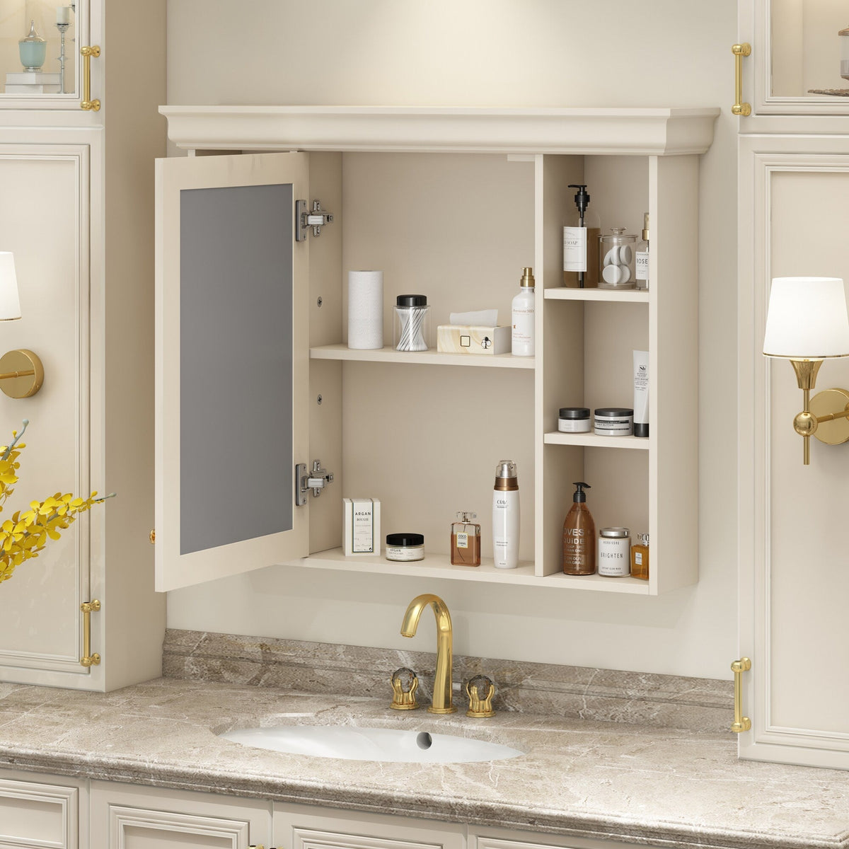 AAZJ MRS 35-in x 28-in Surface Mount Beige Mirrored Soft Close Medicine Cabinet