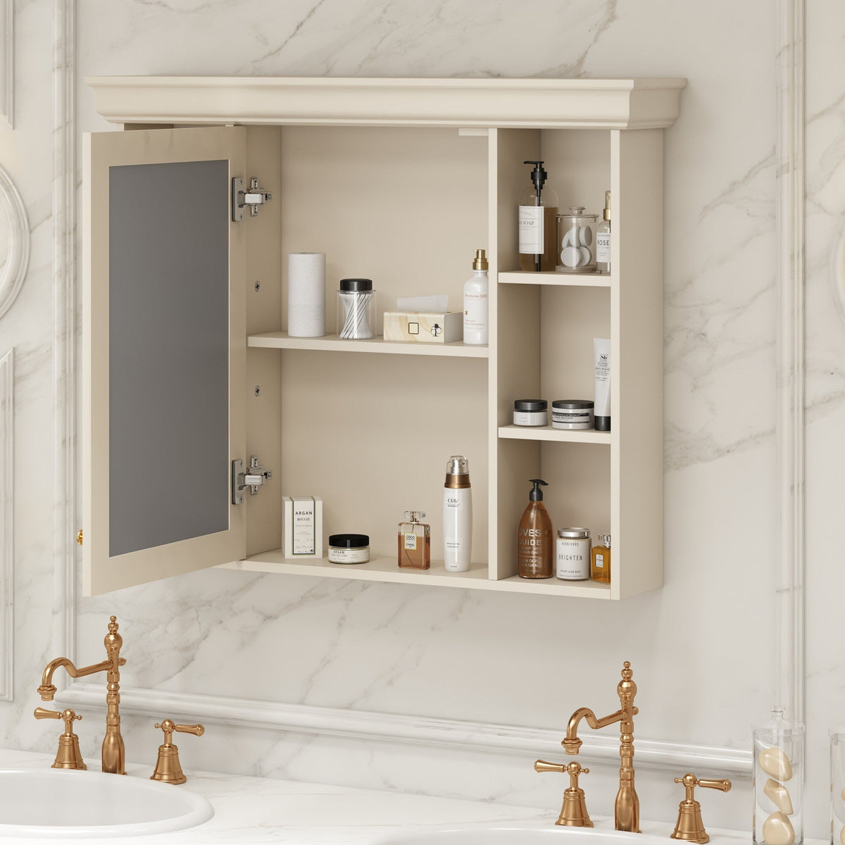 AAZJ MRS 35-in x 28-in Surface Mount Beige Mirrored Soft Close Medicine Cabinet