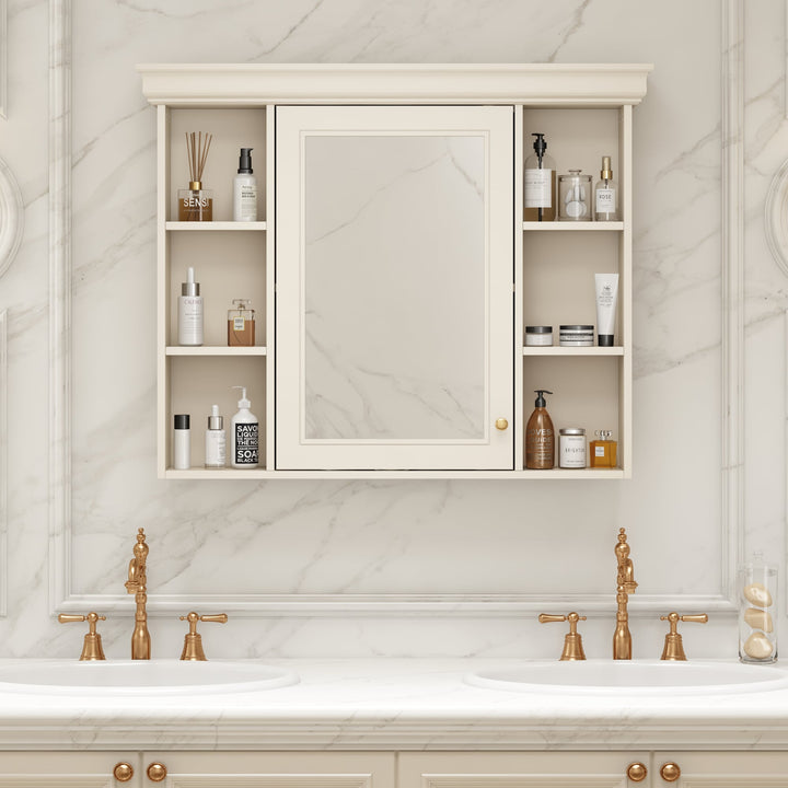 AAZJ MRS 35-in x 28-in Surface Mount Beige Mirrored Soft Close Medicine Cabinet