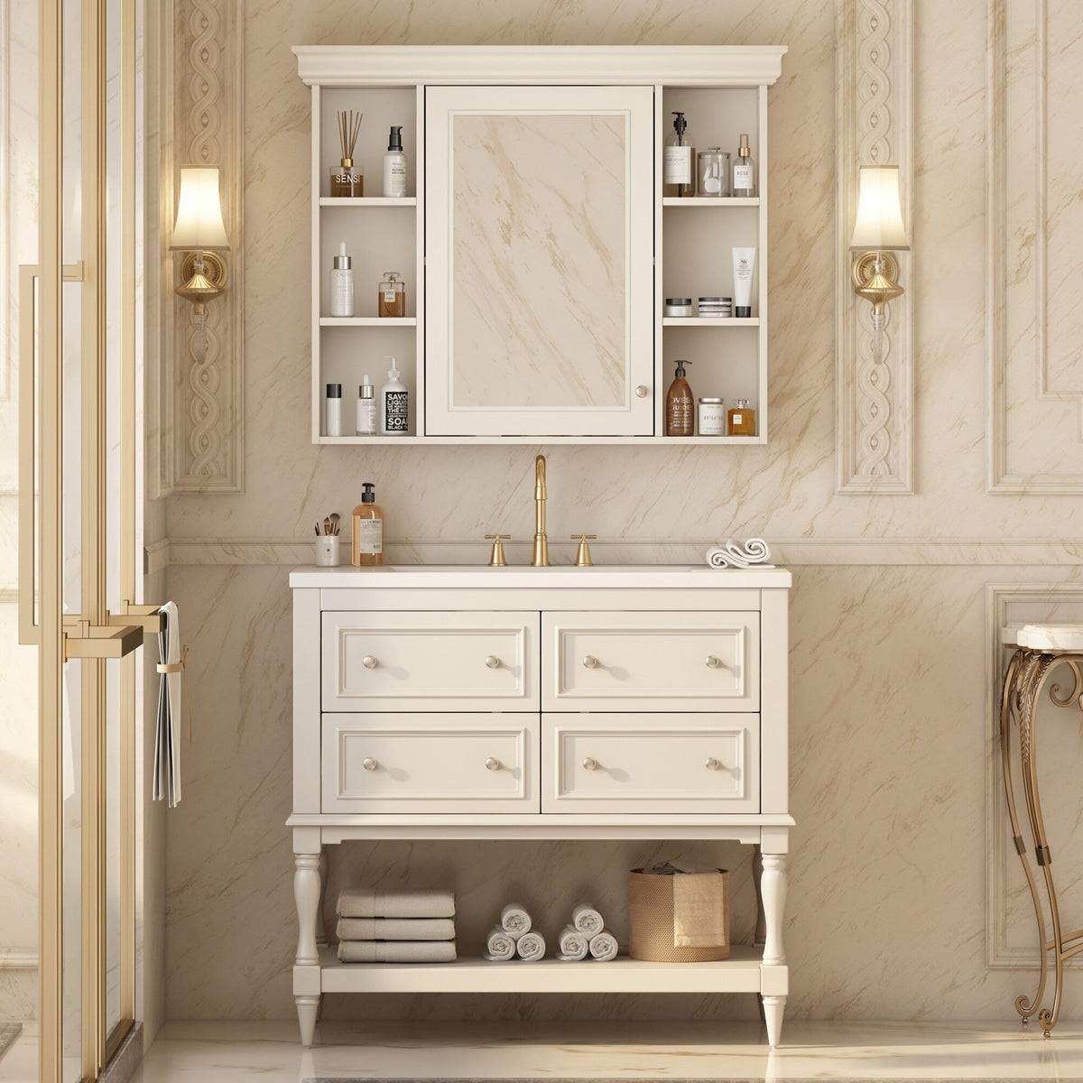 AAZJ MRS 35-in x 28-in Surface Mount Beige Mirrored Soft Close Medicine Cabinet