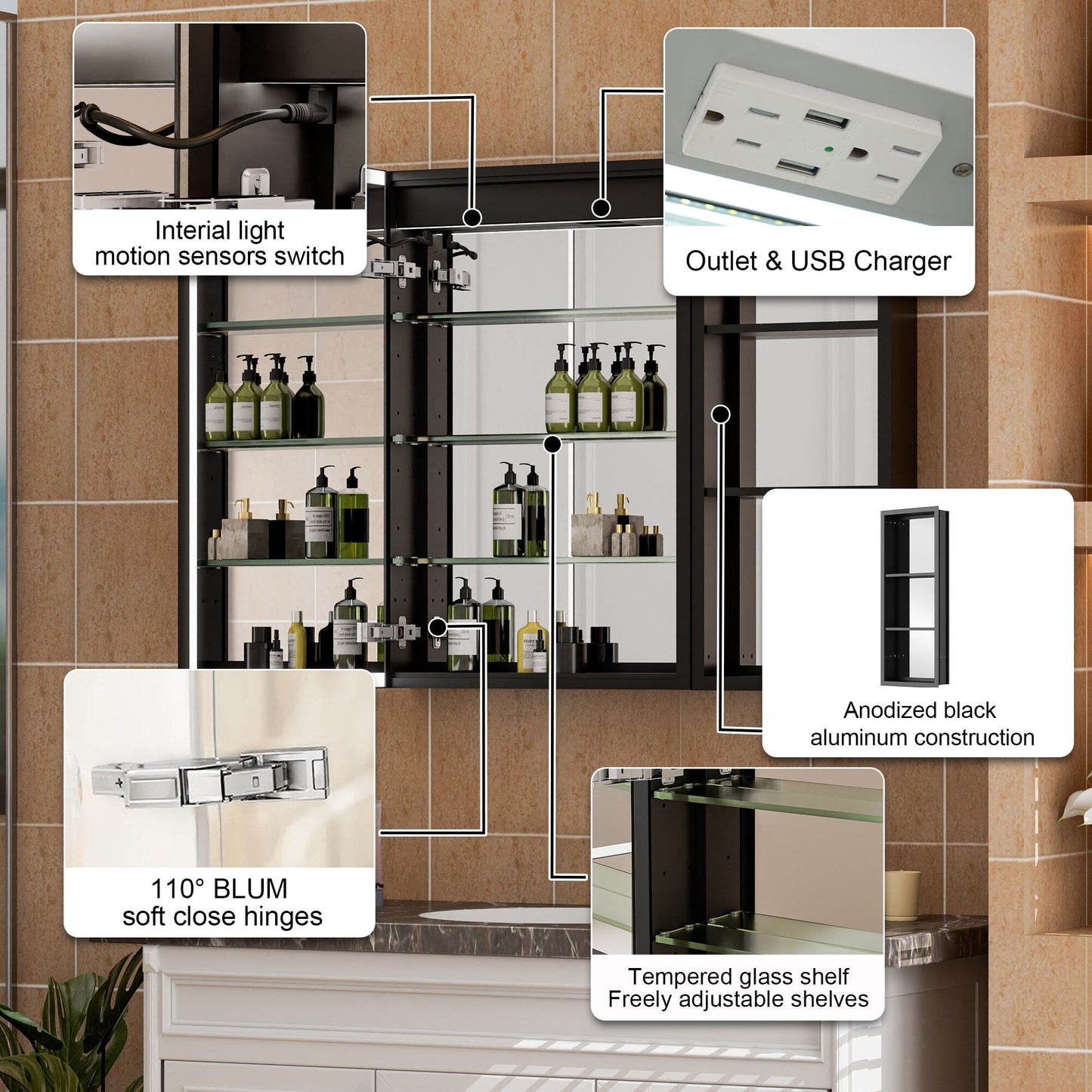 WELLFOR W12 32-in x 30-in Lighted LED Fog Free Surface/Recessed Mount Anodized Black Aluminum Mirrored Soft Close Medicine Cabinet with Outlet