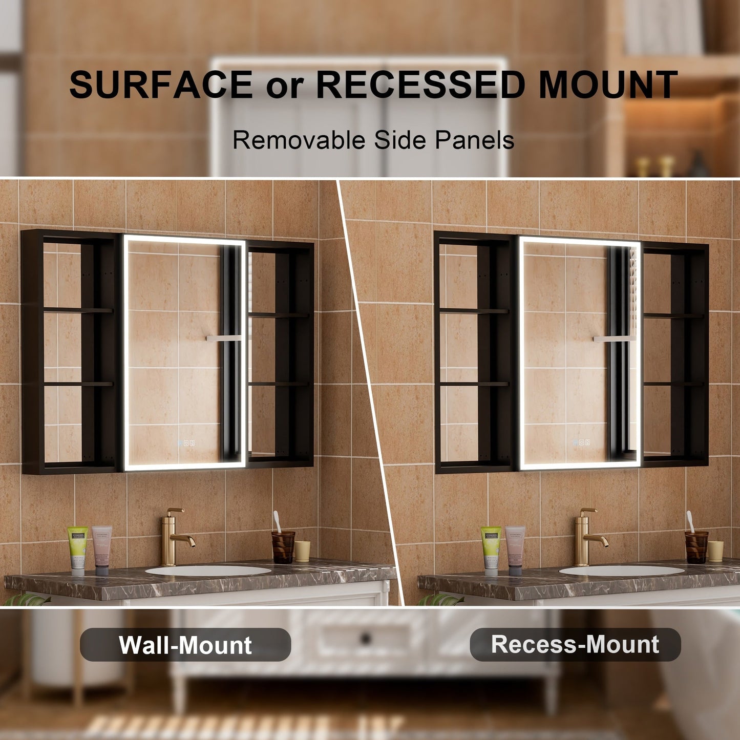 WELLFOR W12 32-in x 30-in Lighted LED Fog Free Surface/Recessed Mount Anodized Black Aluminum Mirrored Soft Close Medicine Cabinet with Outlet