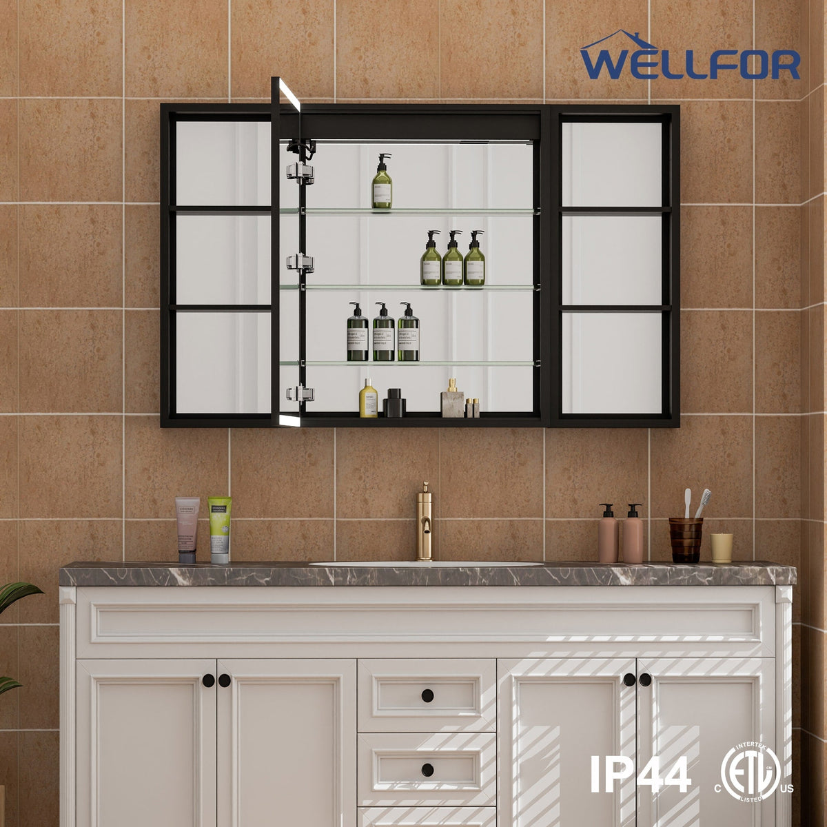 WELLFOR W12 48-in x 30-in Lighted LED Fog Free Surface/Recessed Mount Anodized Black Aluminum Mirrored Soft Close Medicine Cabinet with Outlet