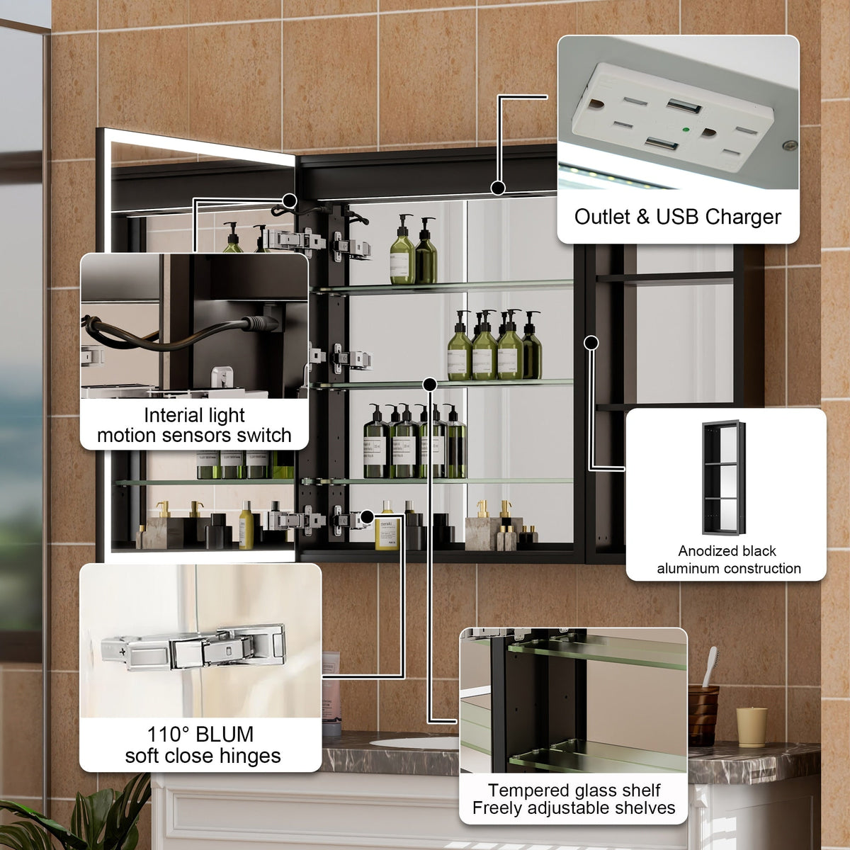 WELLFOR W12 48-in x 30-in Lighted LED Fog Free Surface/Recessed Mount Anodized Black Aluminum Mirrored Soft Close Medicine Cabinet with Outlet