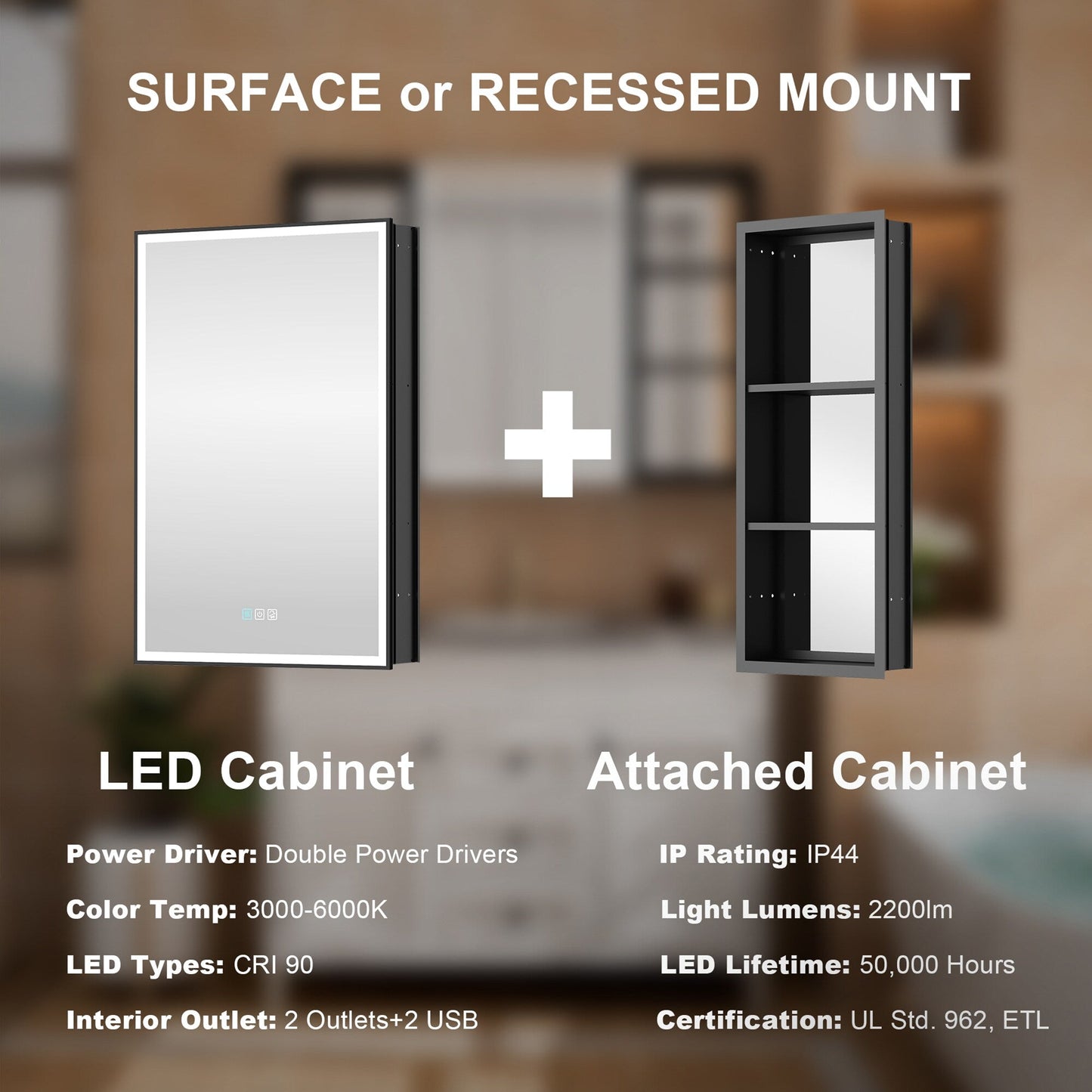 WELLFOR W12 32-in x 30-in Lighted LED Fog Free Surface/Recessed Mount Anodized Black Aluminum Mirrored Soft Close Medicine Cabinet with Outlet